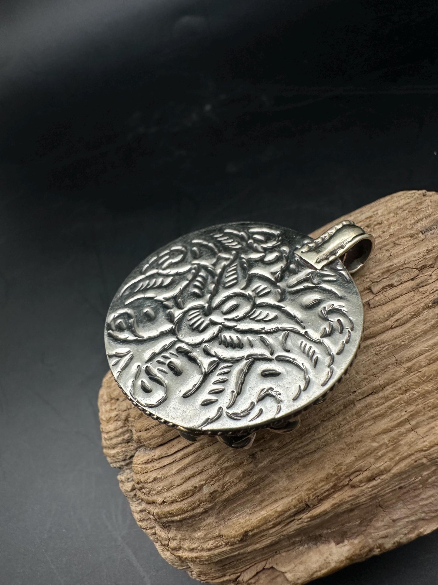 Bone Carved pendant, Tibetan Silver Floral Design