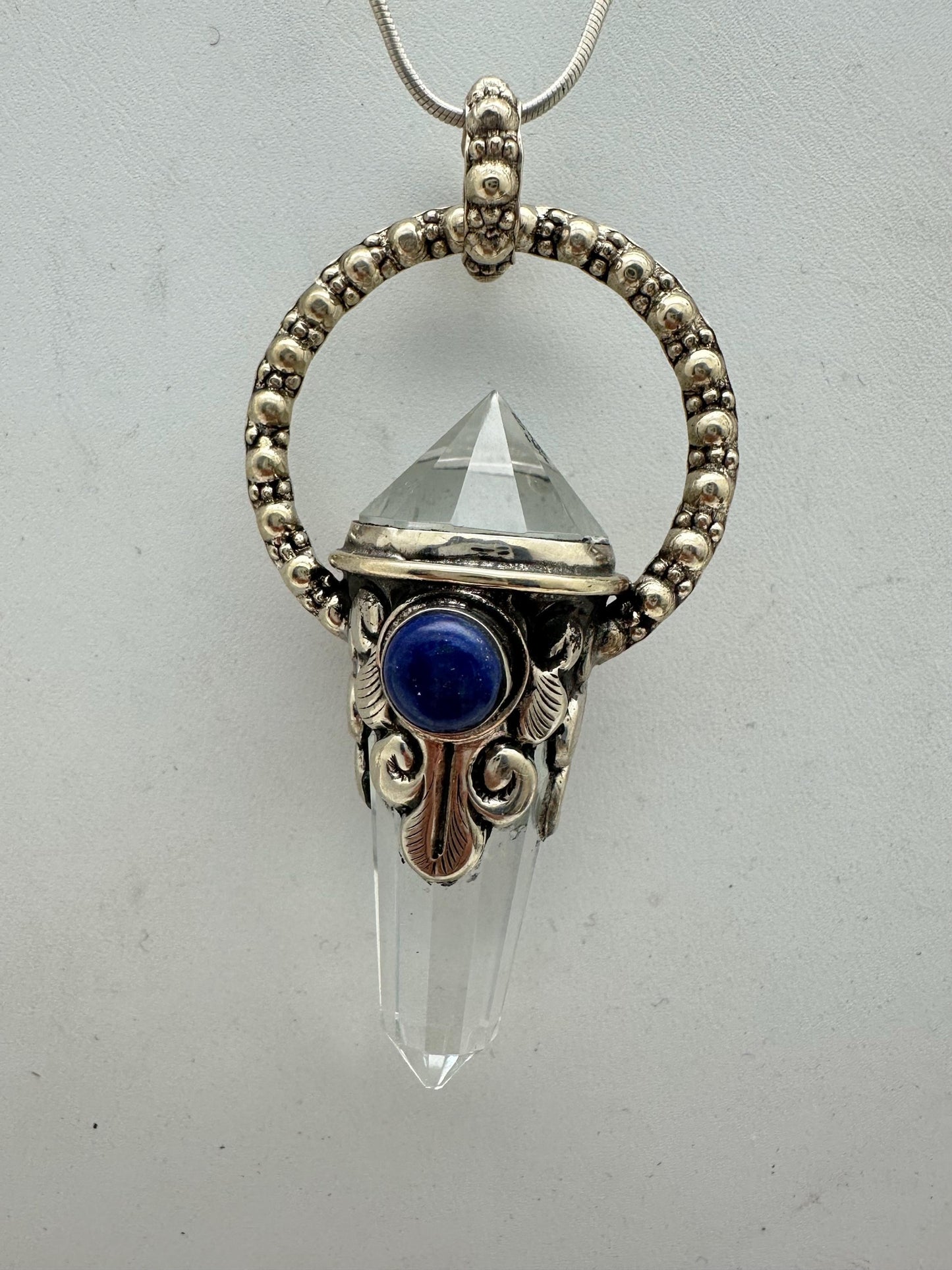 Quartz crystal double point pendant,lapis,handcrafted,Tibetan repousse silver, 70mmX17mm, weighs about 24gm