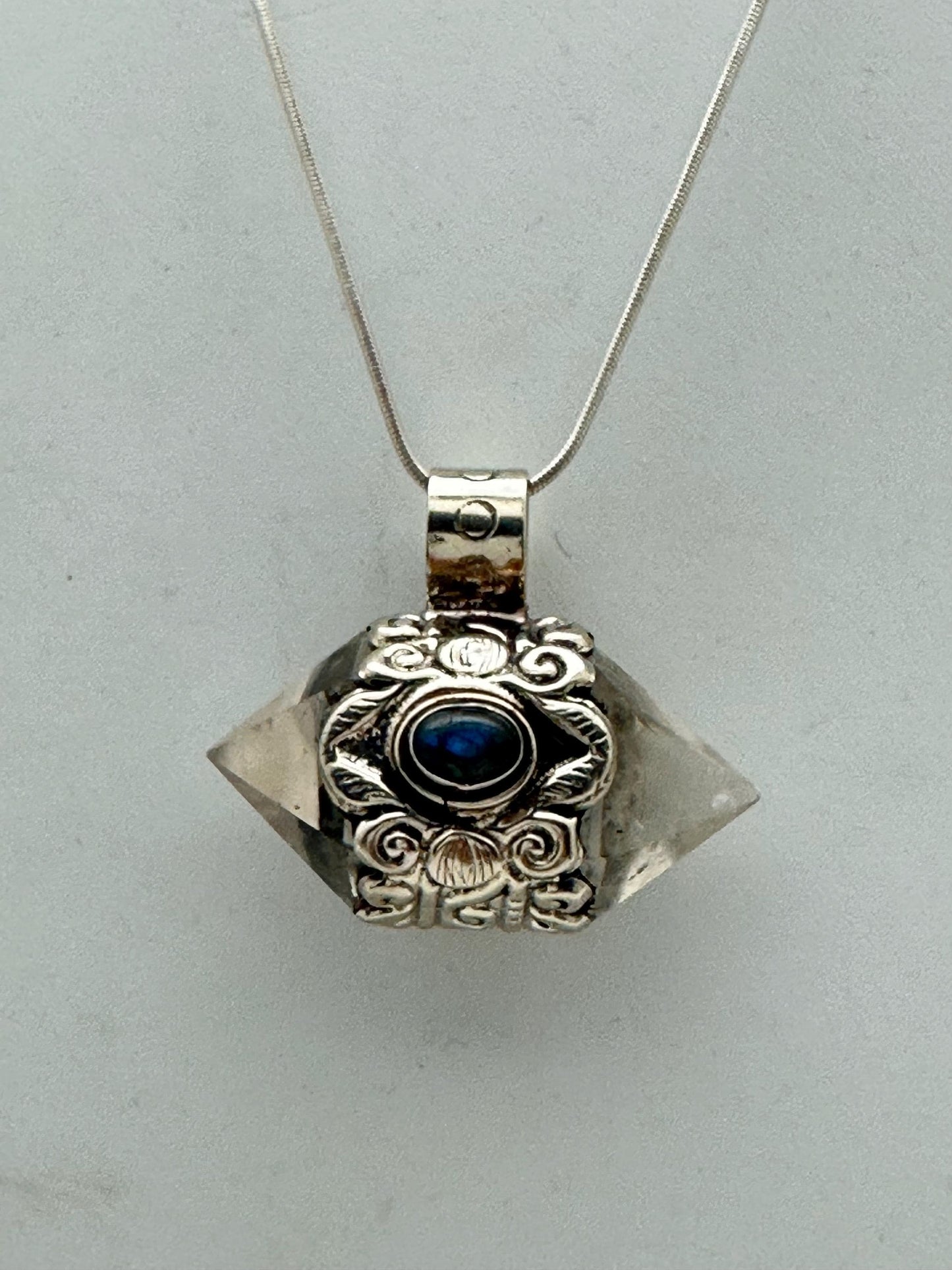 Handcrafted Quartz Double Point Pendant, Tibetan Repousse Silver, Labradorite (30mmX36mm)