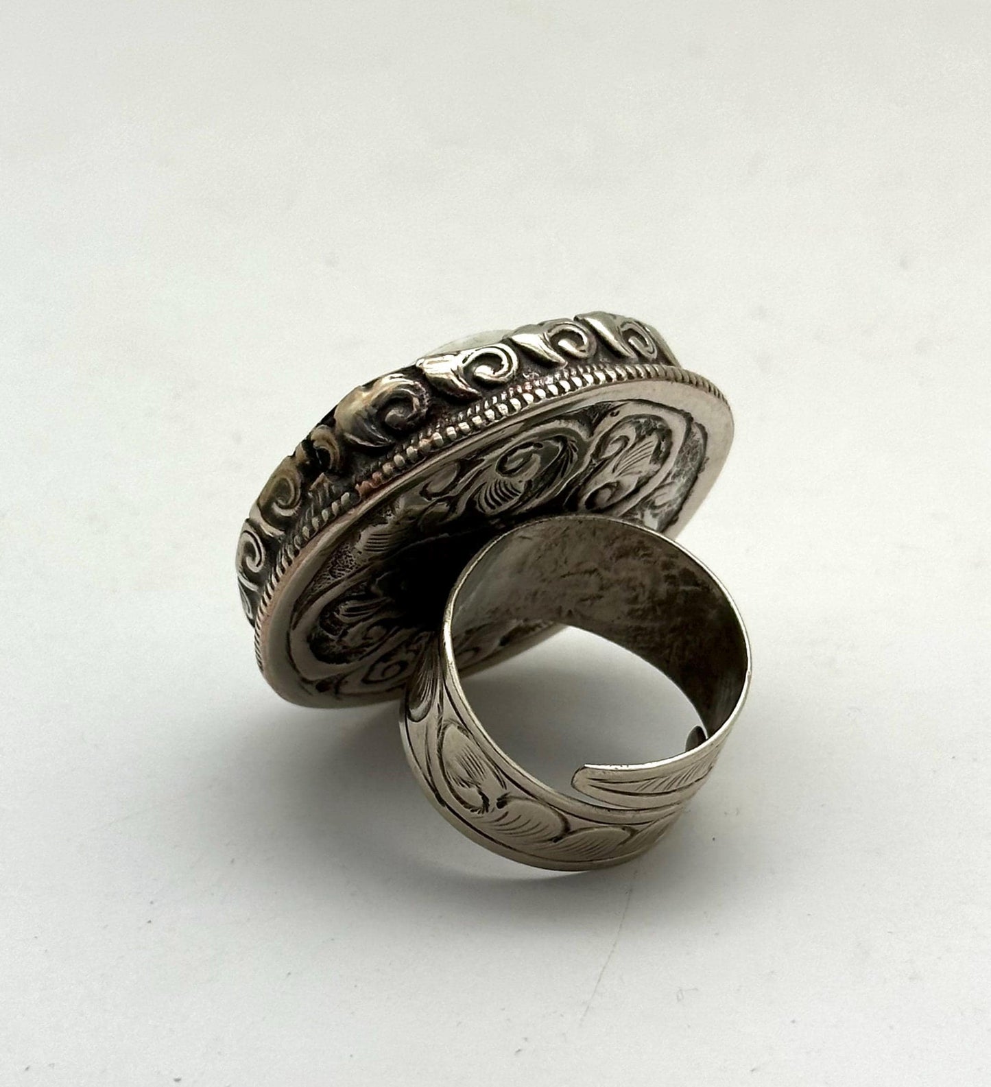 Bone carved rose ring,handcrafted,Tibetan silver,adjustable,ethnic style ,Nepalese