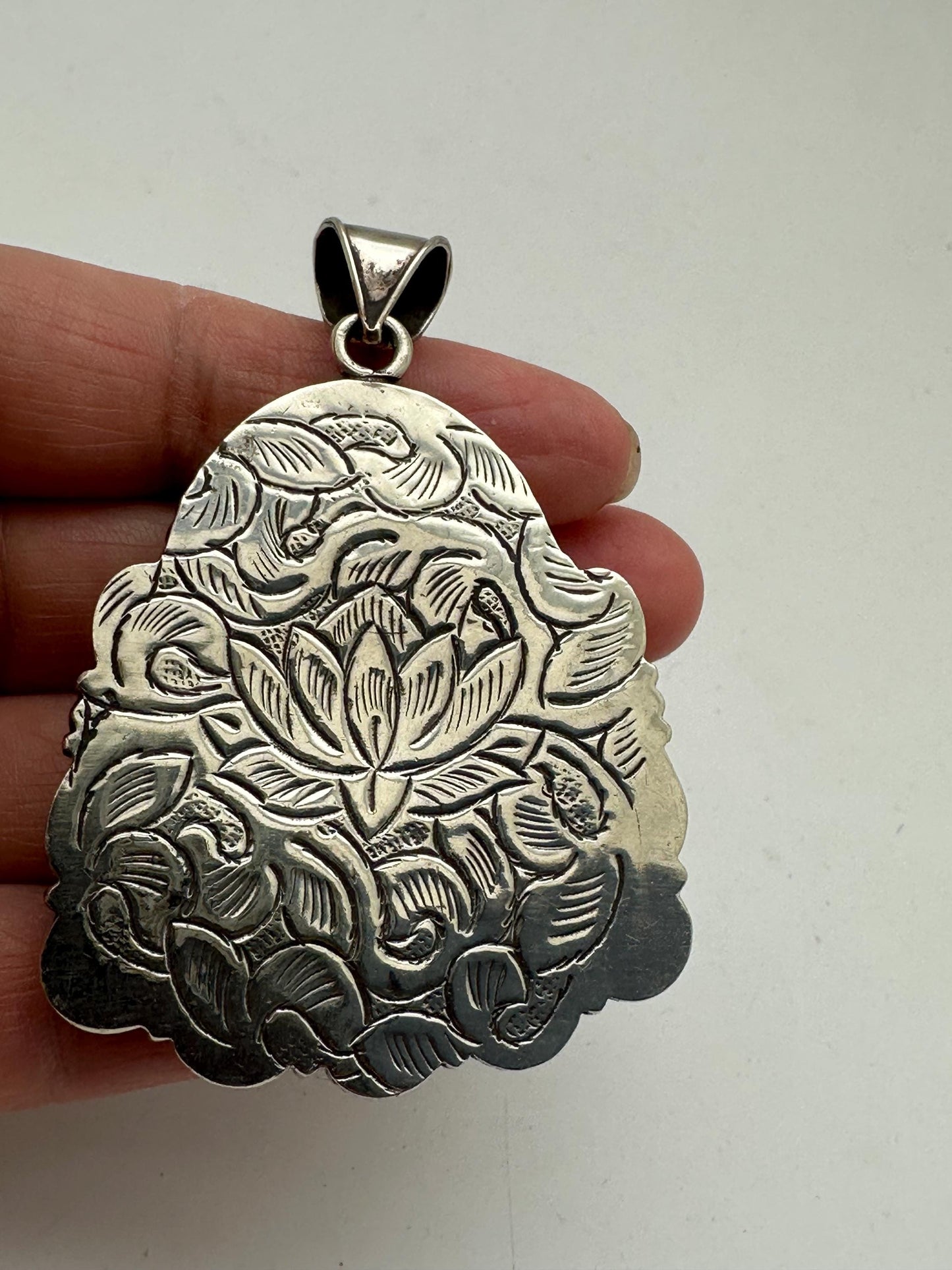 Carved Labradorite Laughing Buddha Pendant, Tibetan Silver Amulet, Luck Prosperity (67mmX46mm)