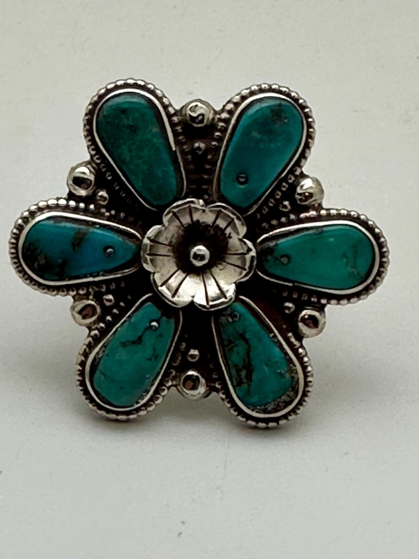 Turquoise Floral Ring, Handcrafted Tibetan Silver, Adjustable Ethnic Style (39mmX39mm)