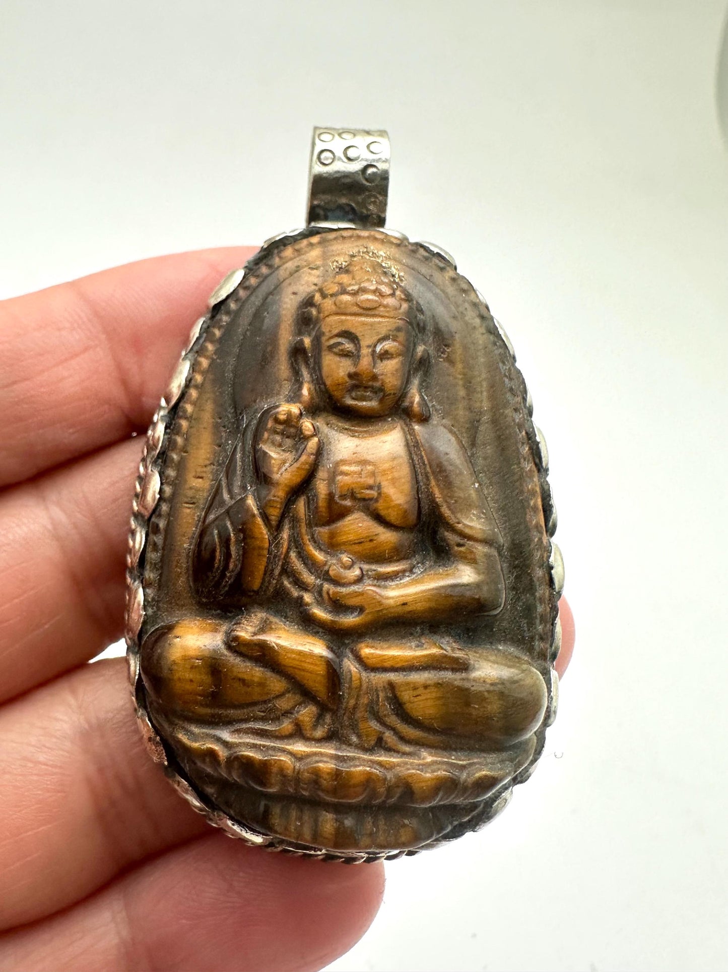 Handcarved, Tigereye Buddha pendant,Tibetan silver,Meditation,Spiritual,35mmX60mm