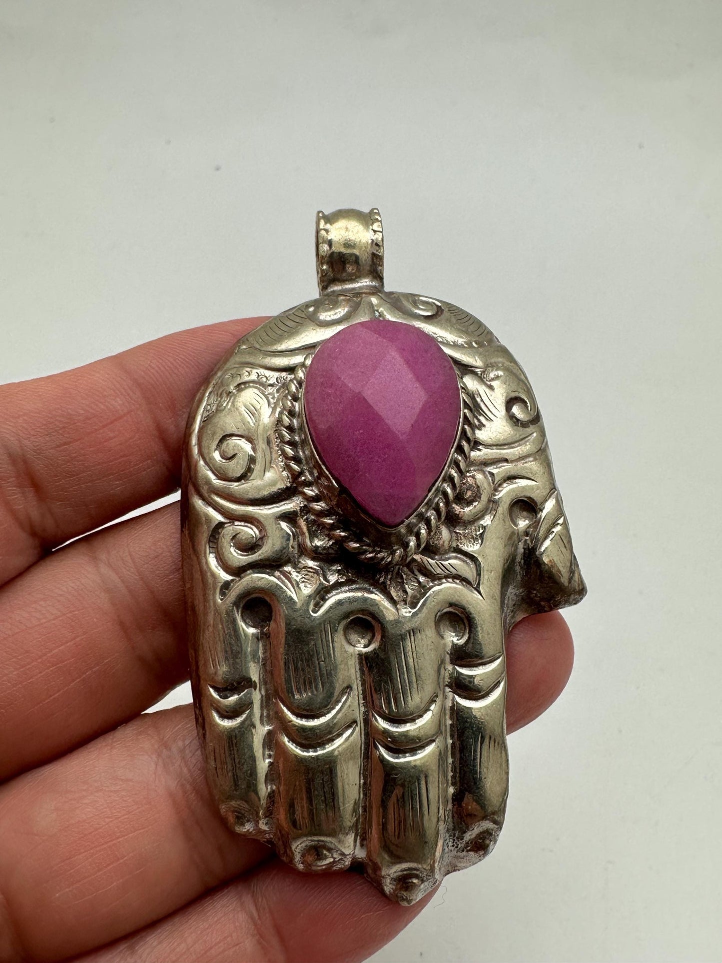Hamsa pendant,handcrafted, Tibetan silver,pink stone,69mmX39mm and weighs about 29gm