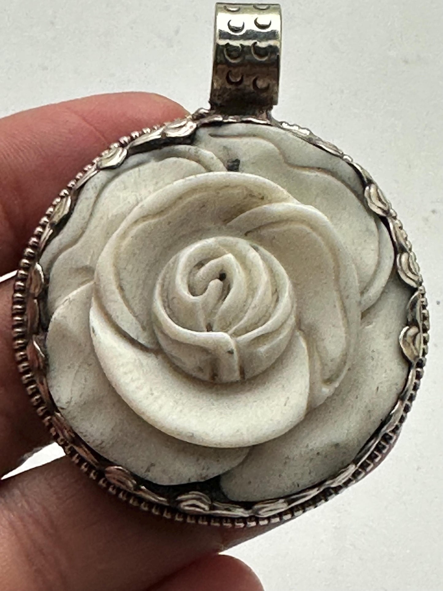 Bone carved flower pendant,rose,handcrafted,tibetan silver,Tibetan design,ethnic,Himalayan,Nepalese