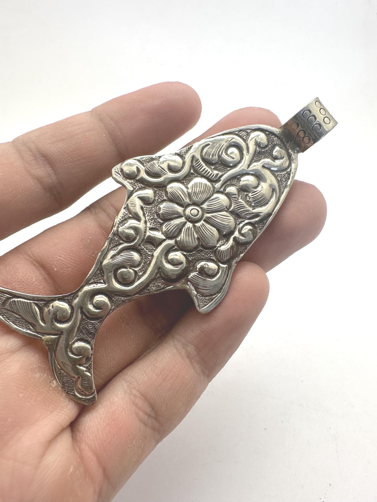 Handcrafted ,Tibetan Silver fish pendant with pearl, pearl koi charm, pisces gift,3 inchX1.35 inch