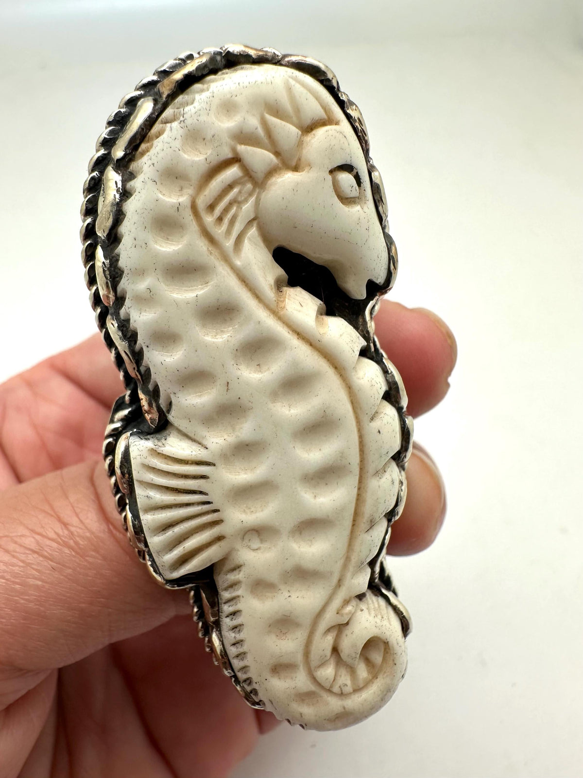 handcrafted,bone carved sea horse ring, Tibetan silver, adjustable ,beach lover gift,64.5mmX28.4