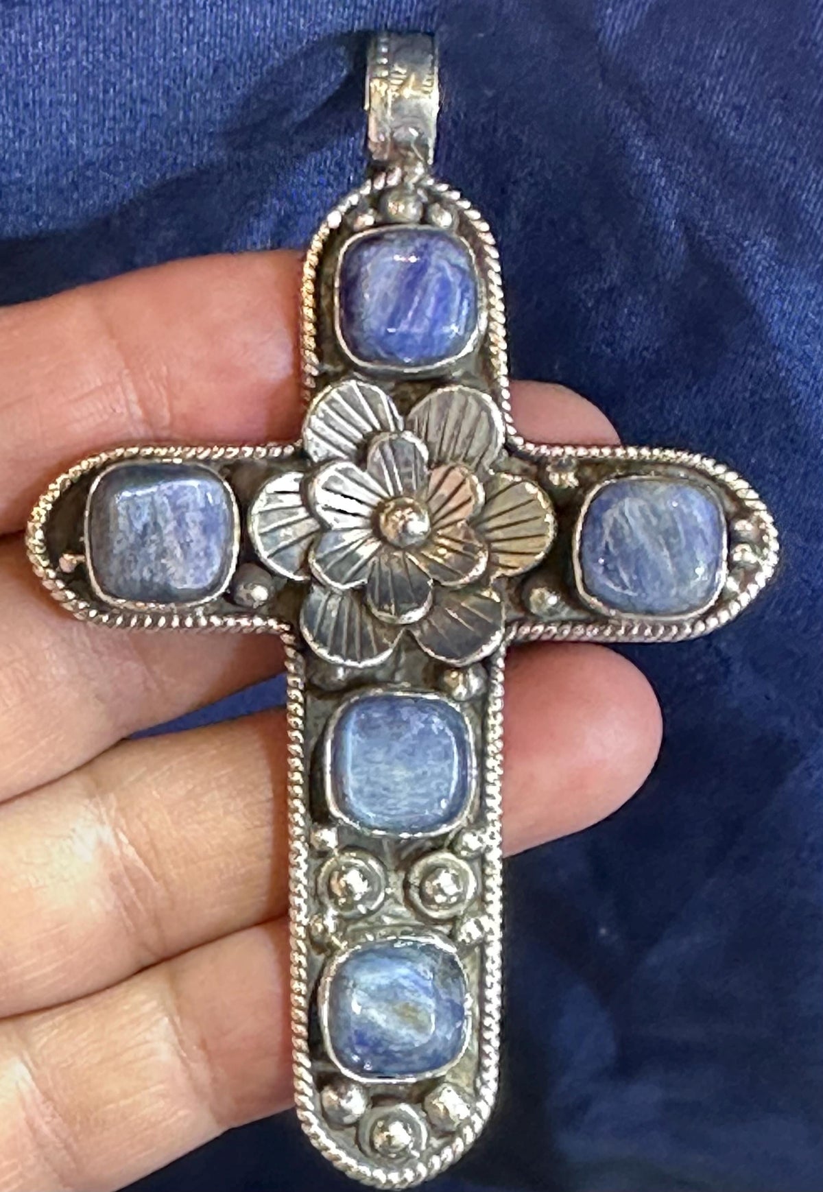 Kyanite pendant,cross pendant ,Tibetan silver,handcrafted,