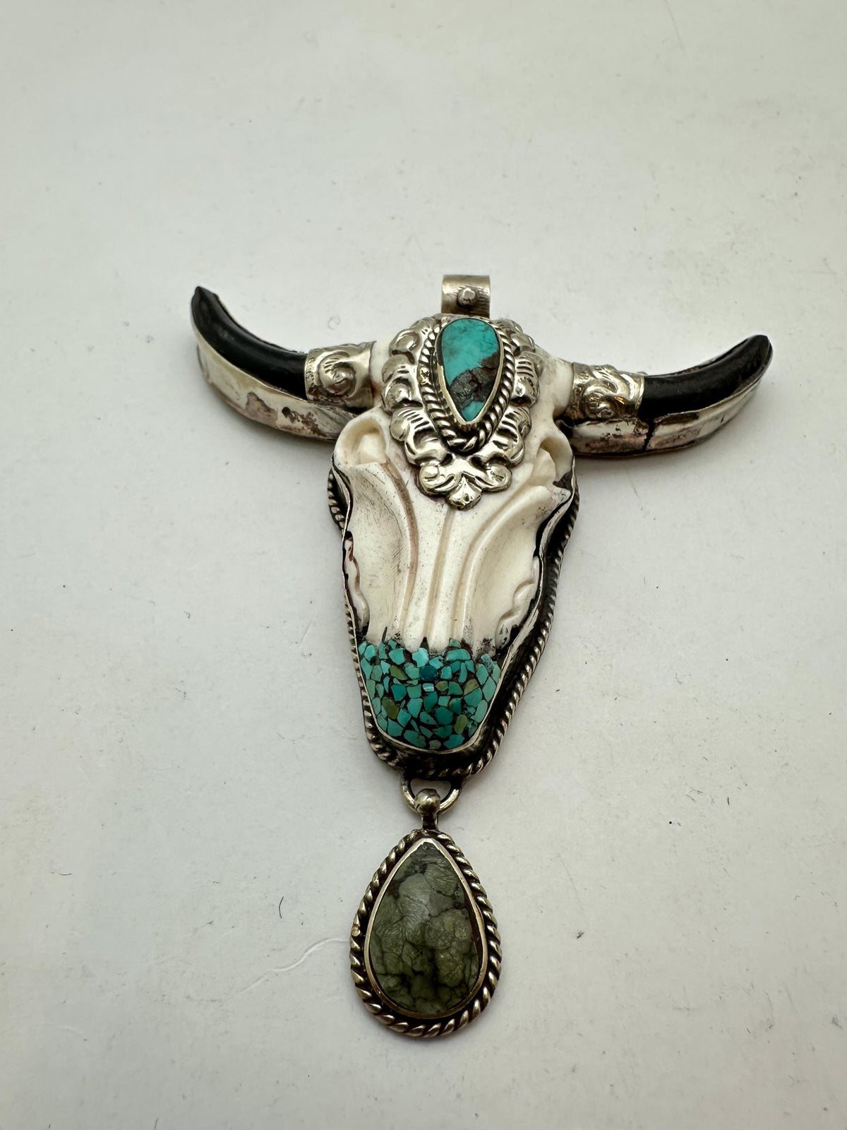 Bone carved bull head skull pendant, handcrafted, turquoise, Tibetan silver, ethnic style