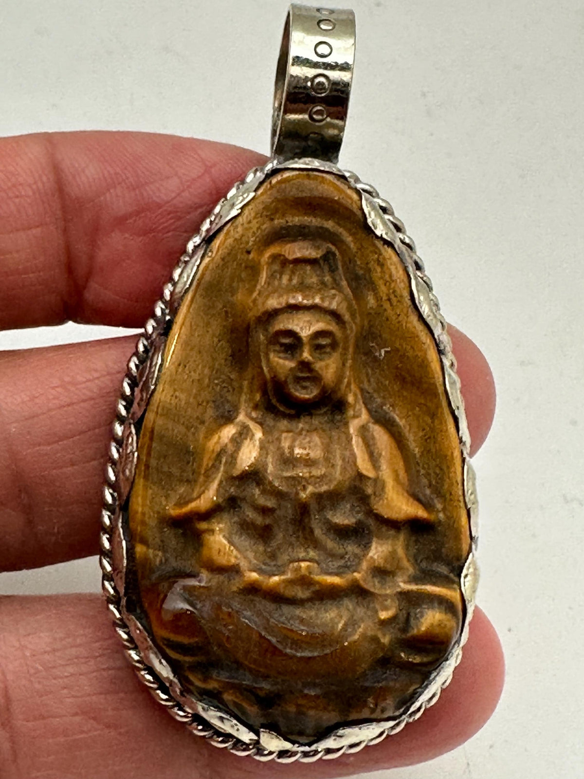 Tiger eye carved Kwan yin, Quan yin Buddha pendant, handcrafted, tibetan silver, amulet Bodhisattva,,55X30mm