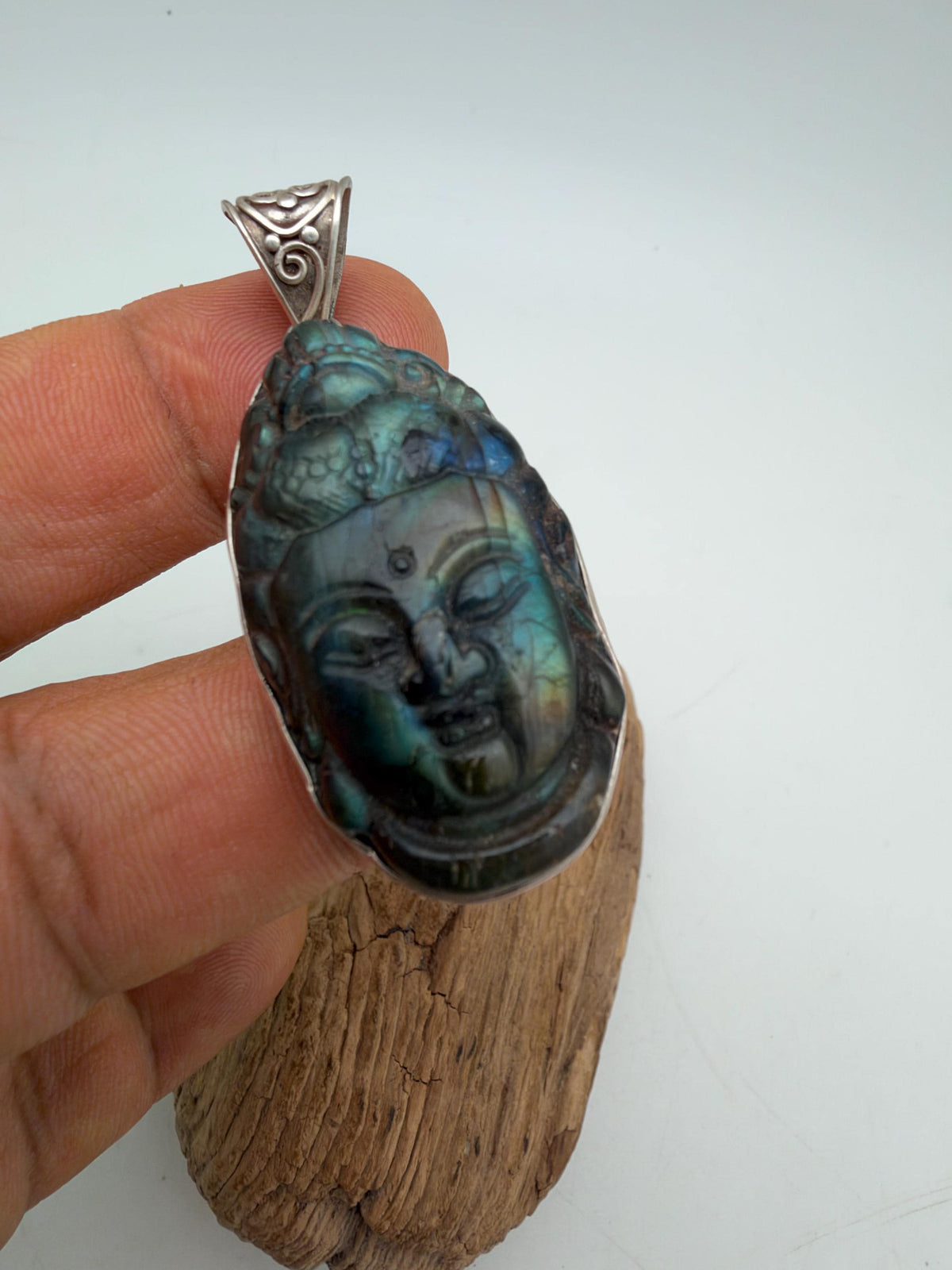 Labradorite Kwan Yin Pendant, Handcrafted, sterling silver