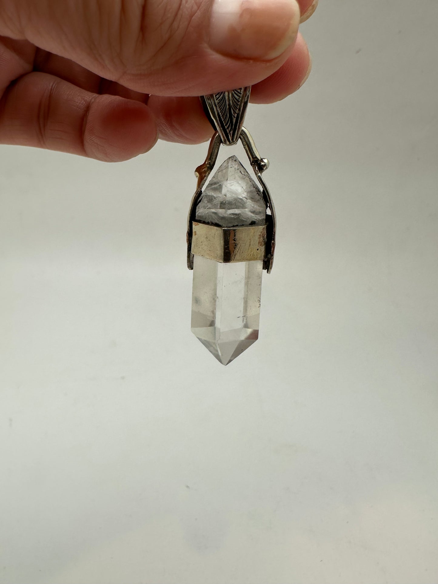 quartz crystal point pendant, handcrafted,Tibetan silver,ethnic style