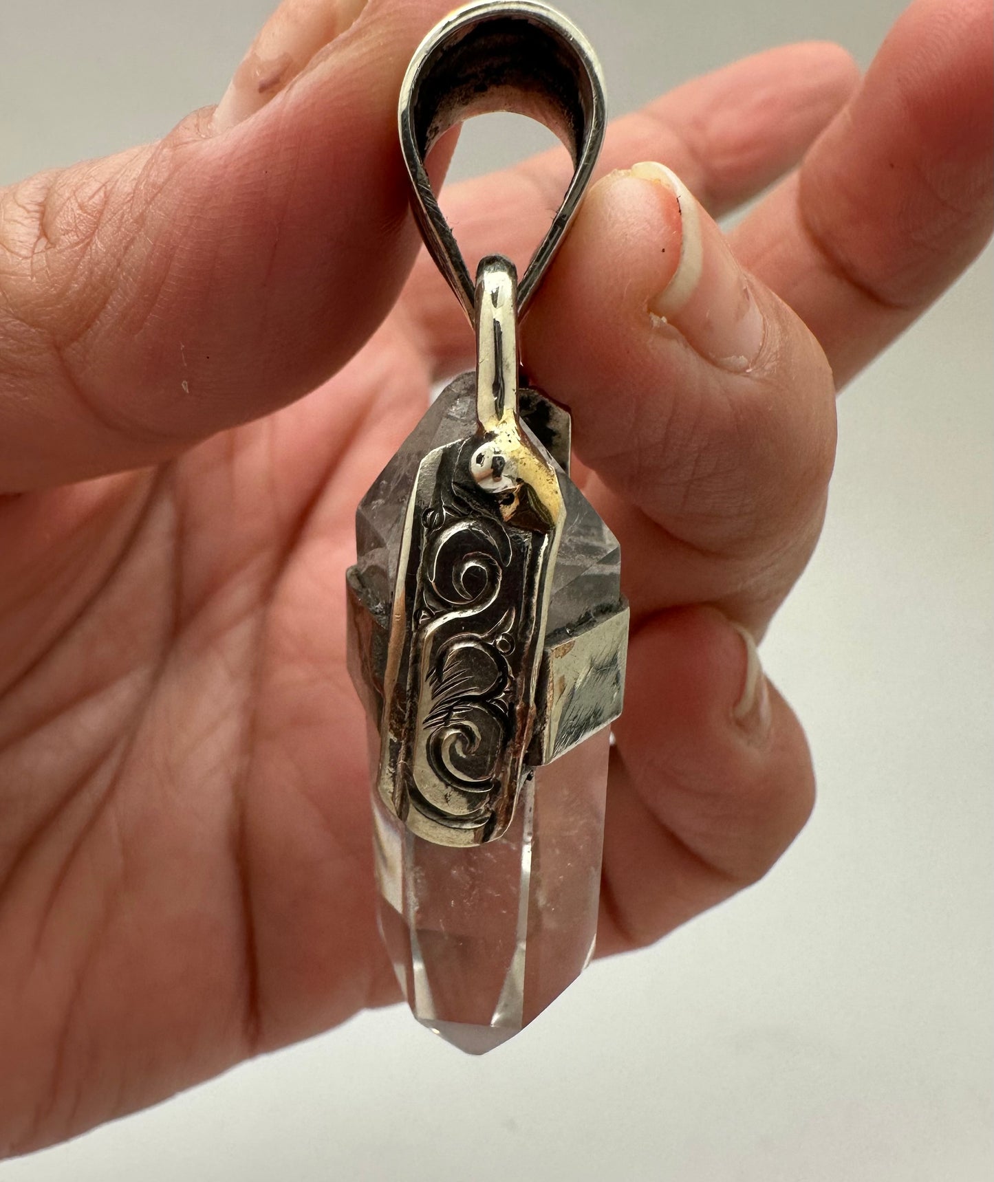 quartz crystal point pendant, handcrafted,Tibetan silver,ethnic style