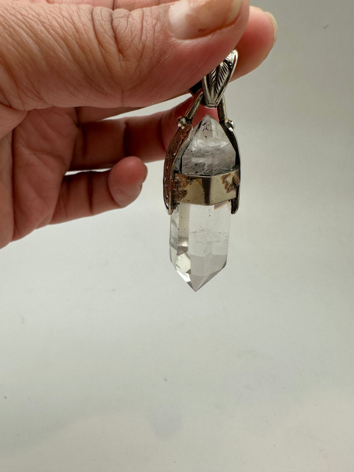 quartz crystal point pendant, handcrafted,Tibetan silver,ethnic style