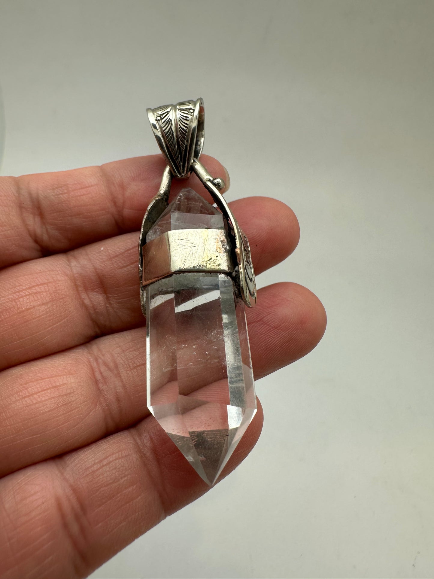 quartz crystal point pendant, handcrafted,Tibetan silver,ethnic style