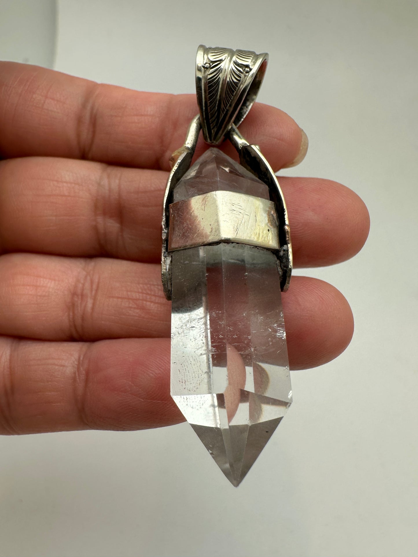 quartz crystal point pendant, handcrafted,Tibetan silver,ethnic style