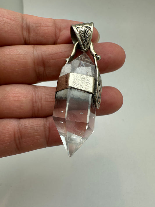 quartz crystal point pendant, handcrafted,Tibetan silver,ethnic style