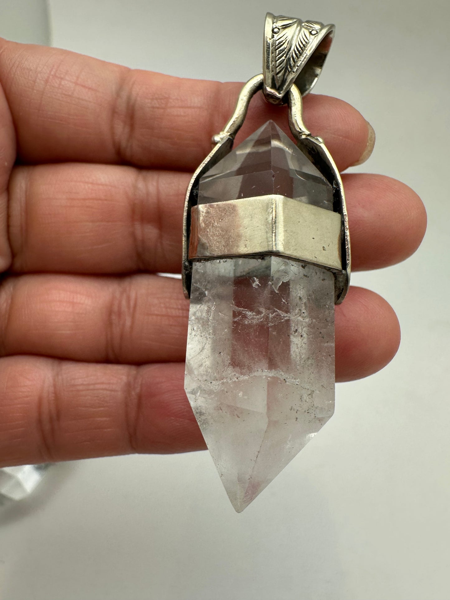 quartz crystal point pendant, handcrafted,Tibetan silver,ethnic style