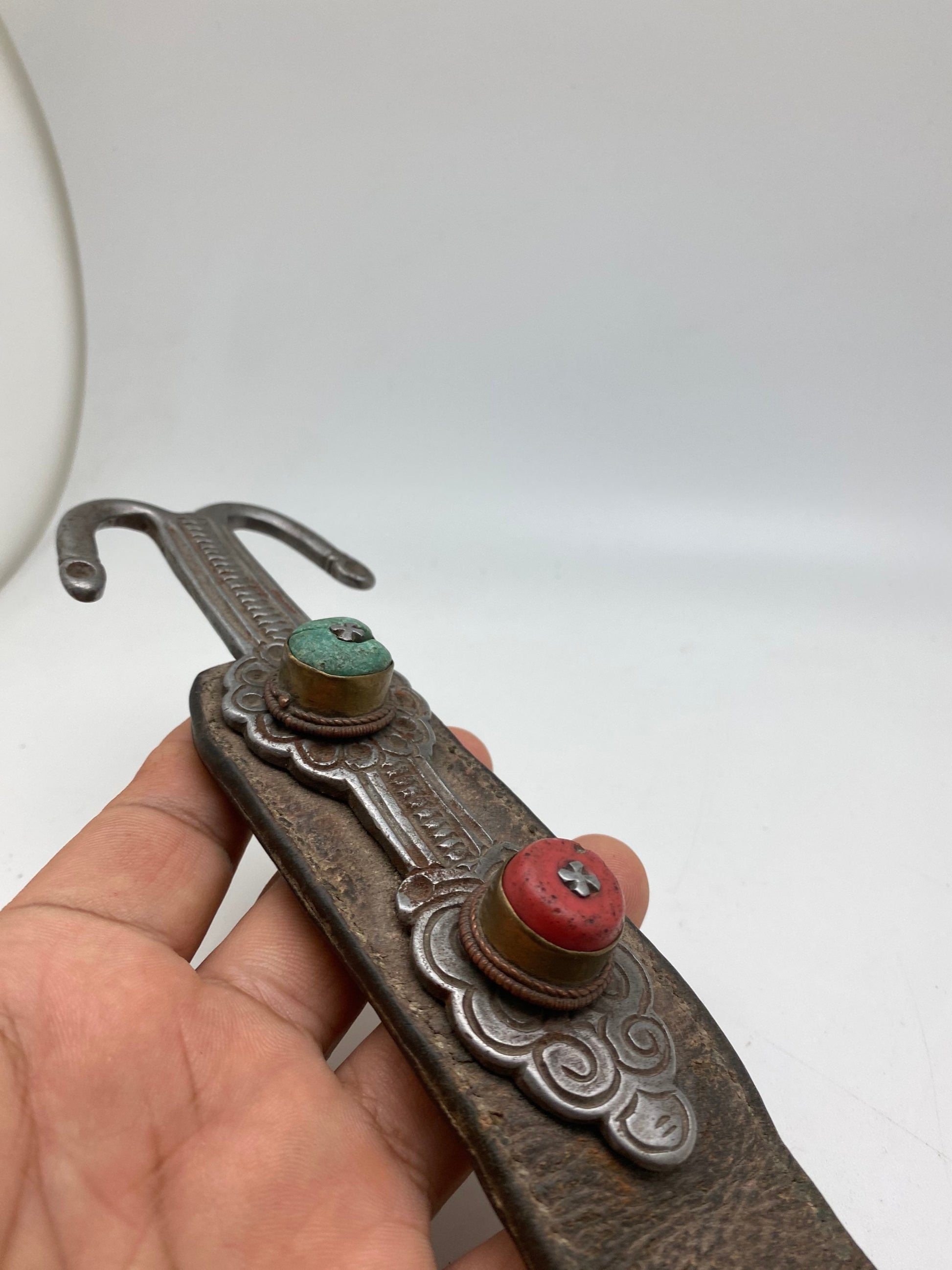 Early 20th century Tibetan ornament, leather with white metal and old glass, Tibet