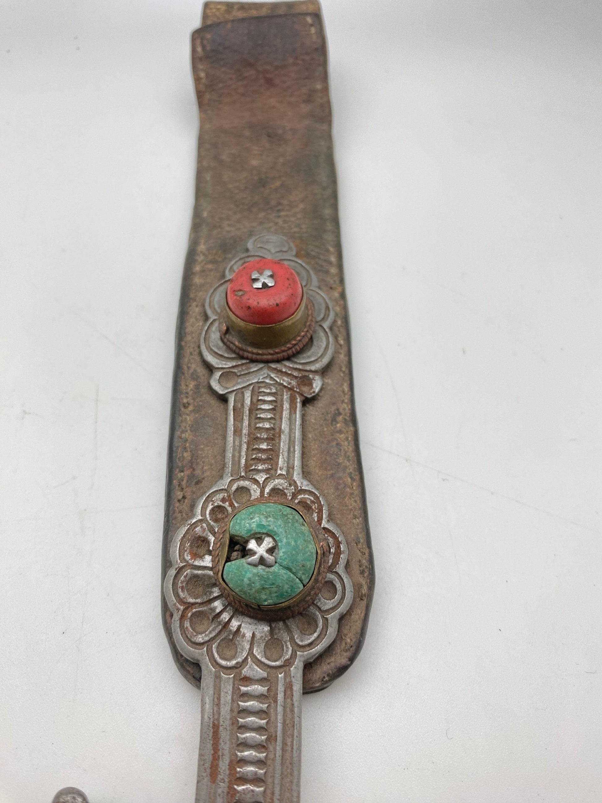 Early 20th century Tibetan ornament, leather with white metal and old glass, Tibet