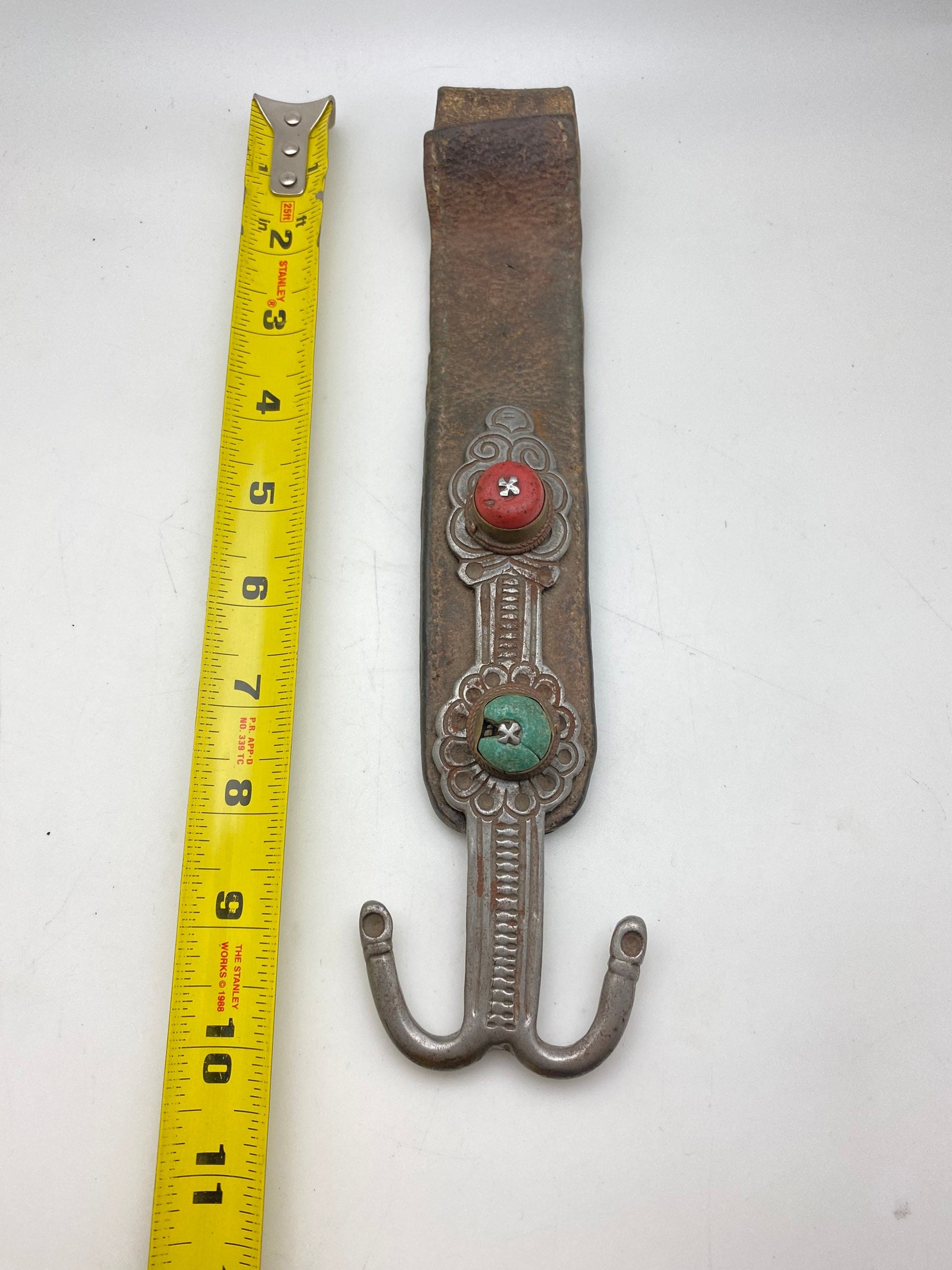 Early 20th century Tibetan ornament, leather with white metal and old glass, Tibet