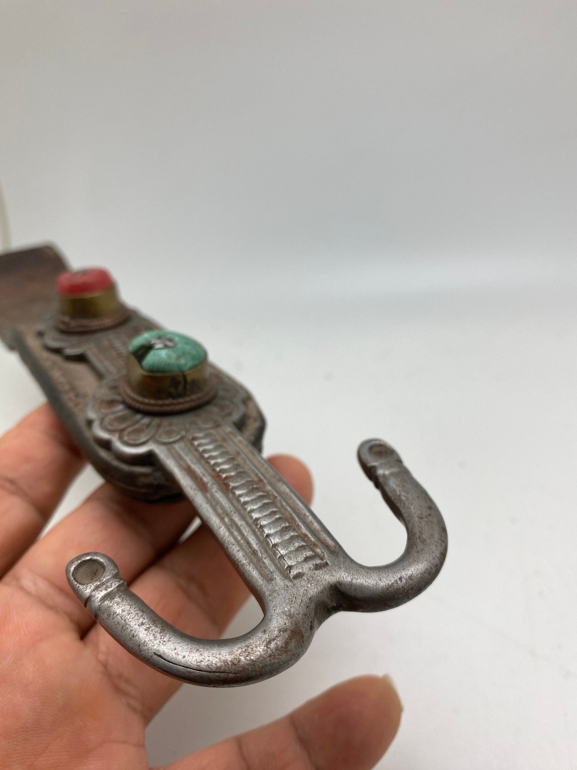 Early 20th century Tibetan ornament, leather with white metal and old glass, Tibet