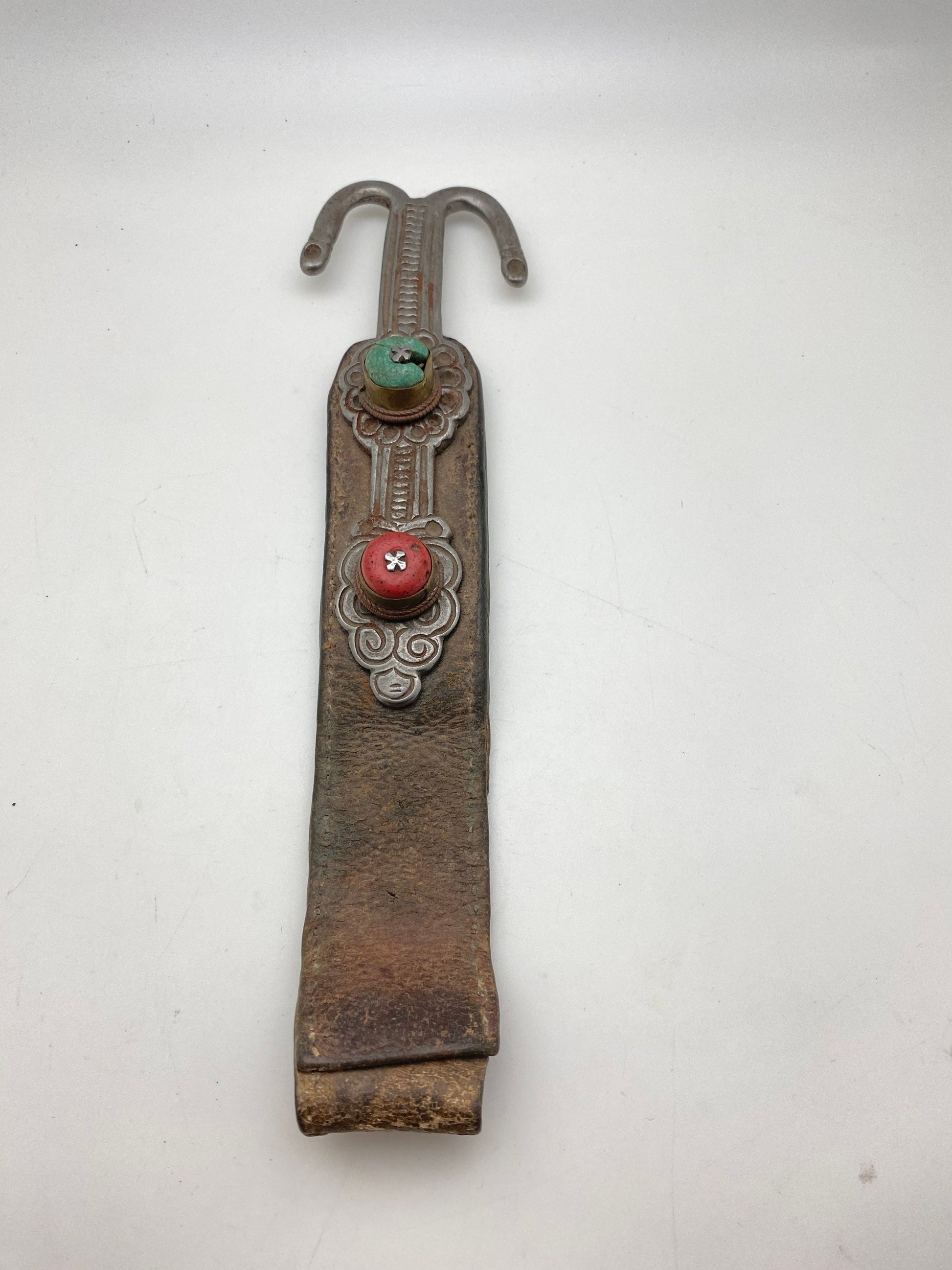 Early 20th century Tibetan ornament, leather with white metal and old glass, Tibet