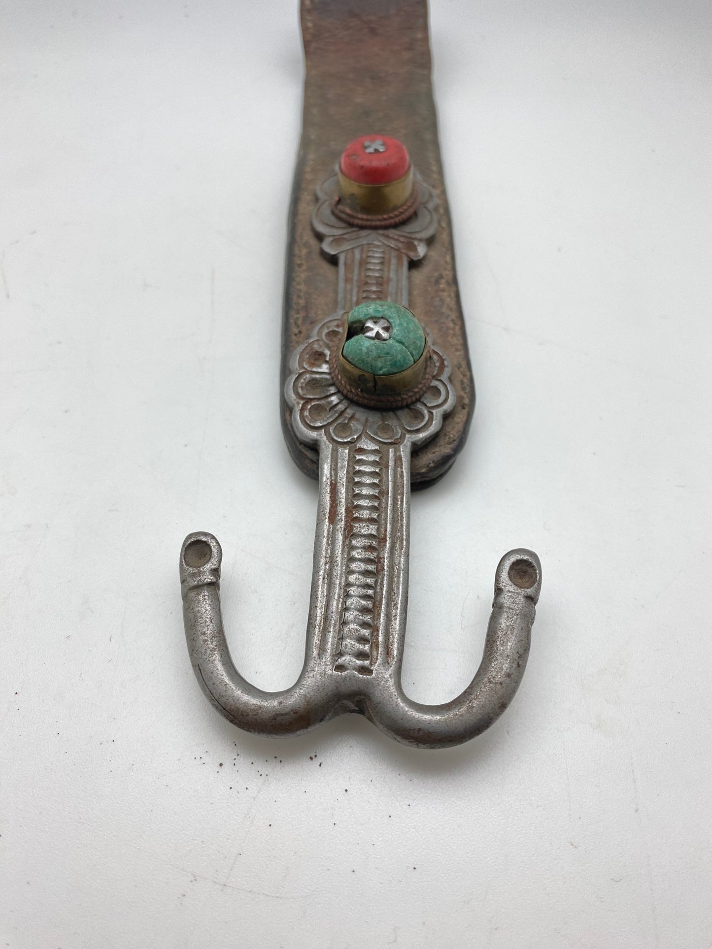 Early 20th century Tibetan ornament, leather with white metal and old glass, Tibet