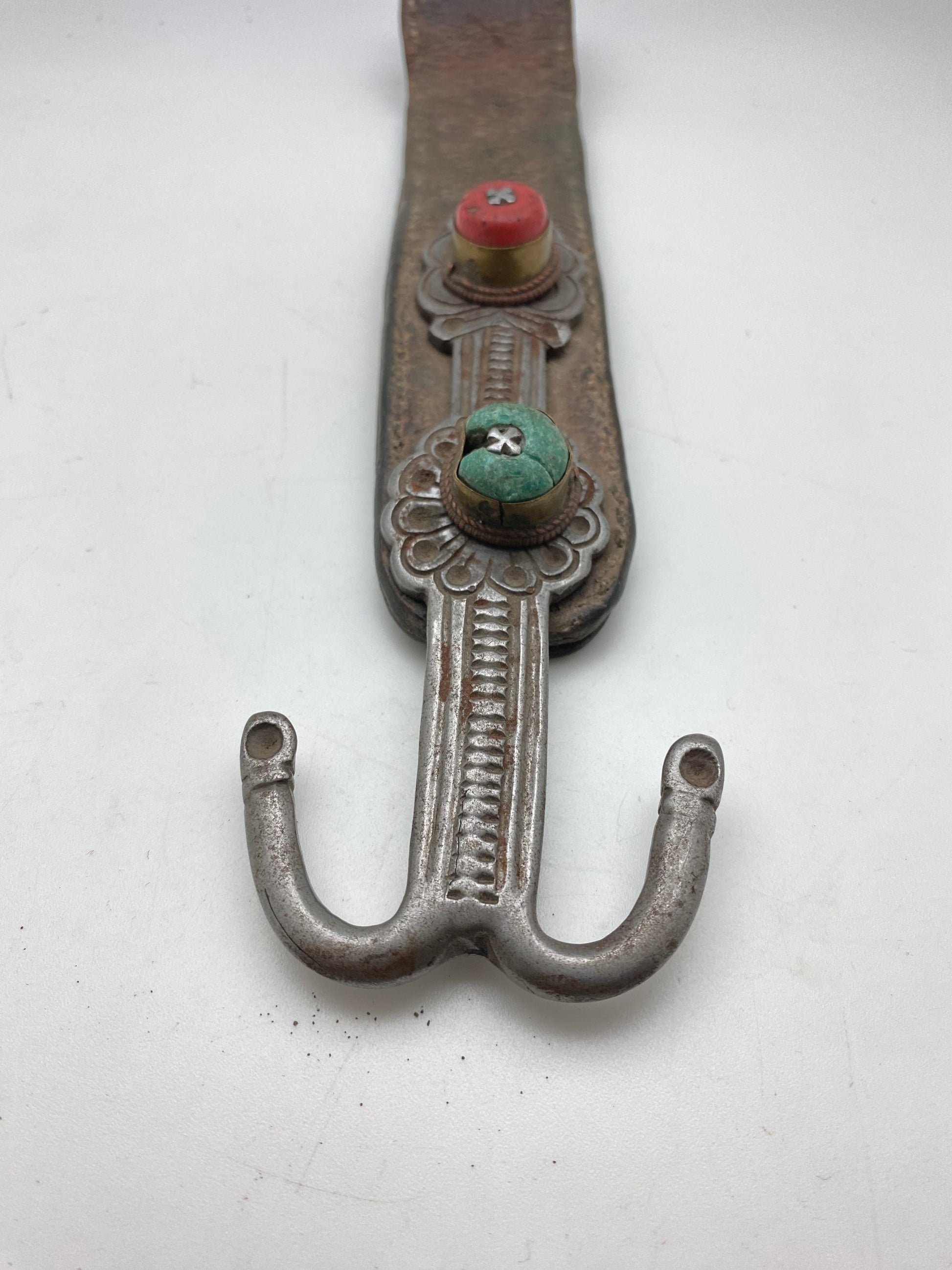 Early 20th century Tibetan ornament, leather with white metal and old glass, Tibet