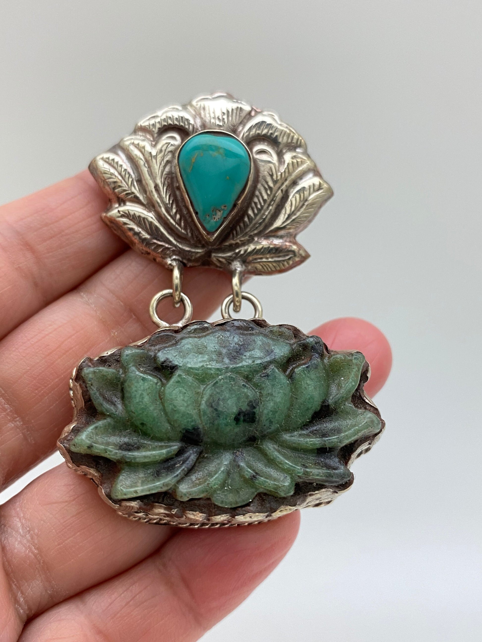 Lotus pendant,Flower pendant,Ruby zoisite, Turquoise,Handcrafted,Tibetan silver,