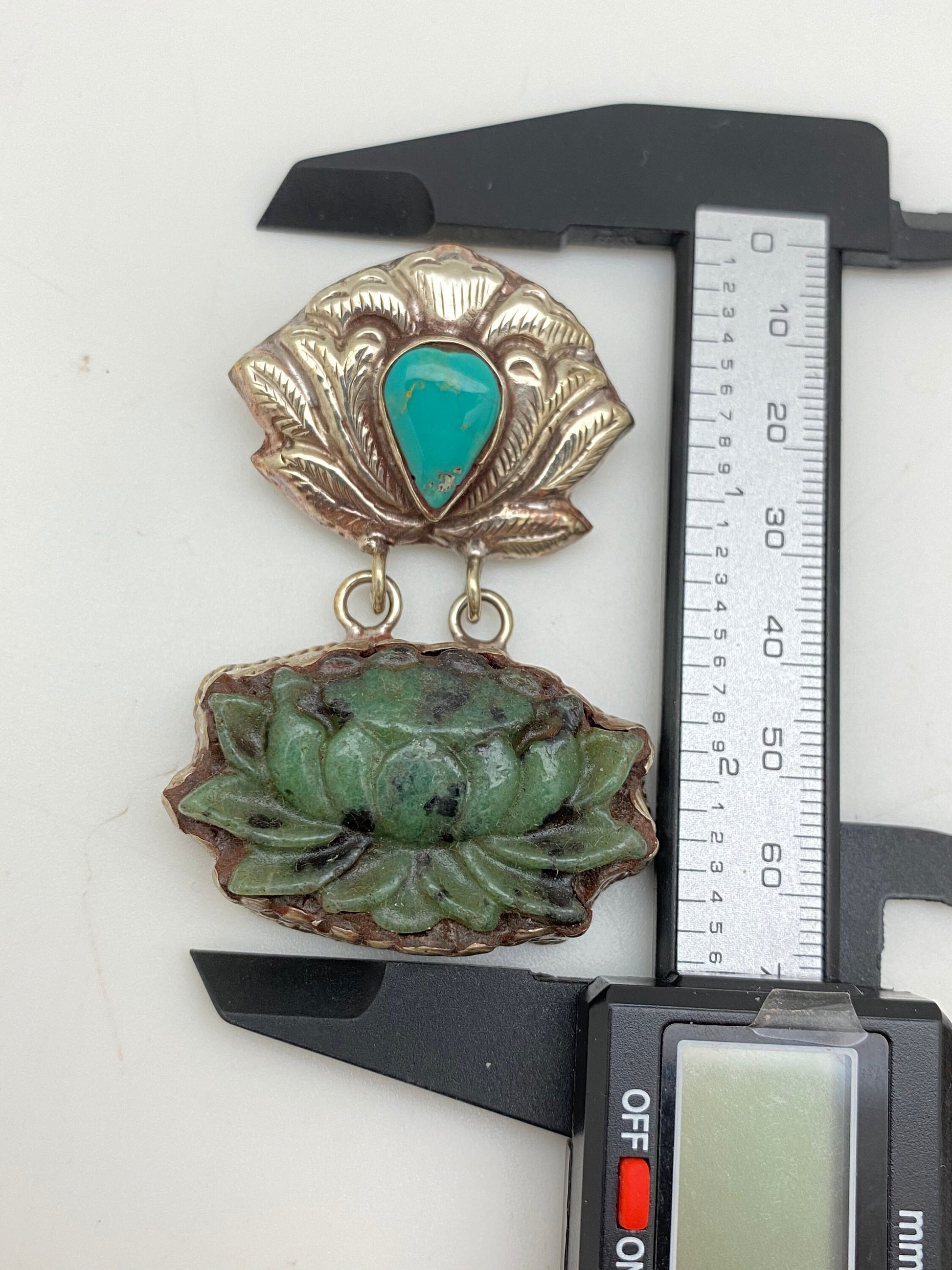 Lotus pendant,Flower pendant,Ruby zoisite, Turquoise,Handcrafted,Tibetan silver,