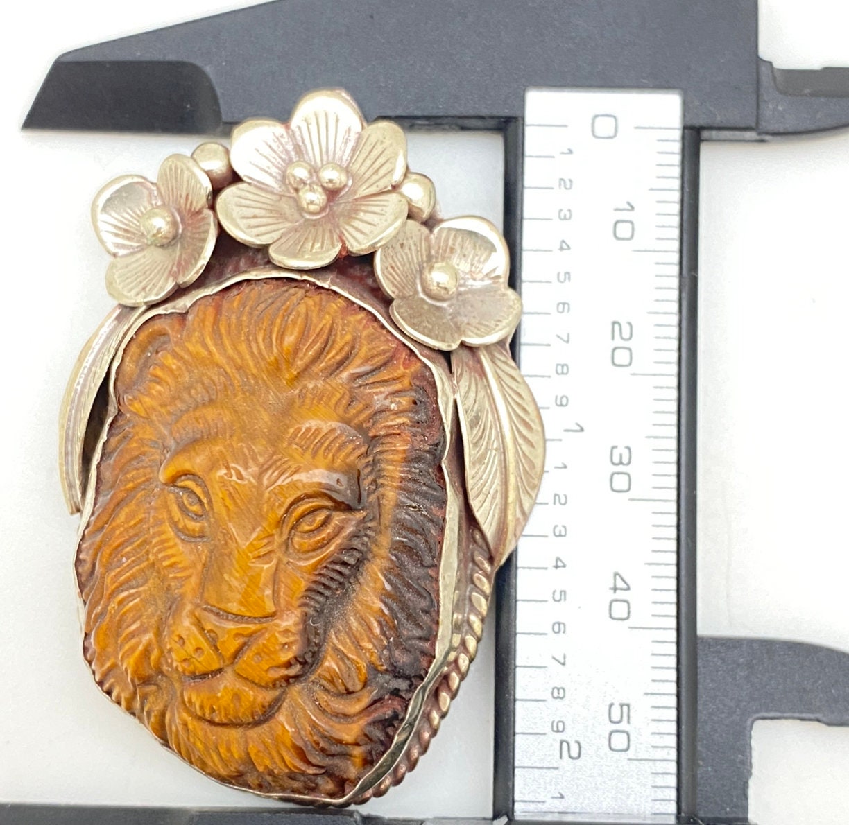 Large tiger eye carved lion pendant,Tigereye pendant, animal pendant , handcrafted, floral design,Nepalese