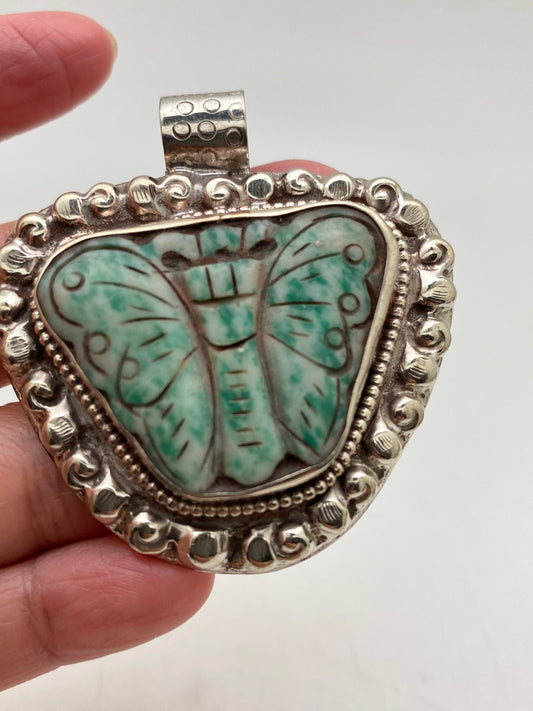 Natural jade, butterflies pendant ,tibetan silver, handcrafted,ethnic jewelry