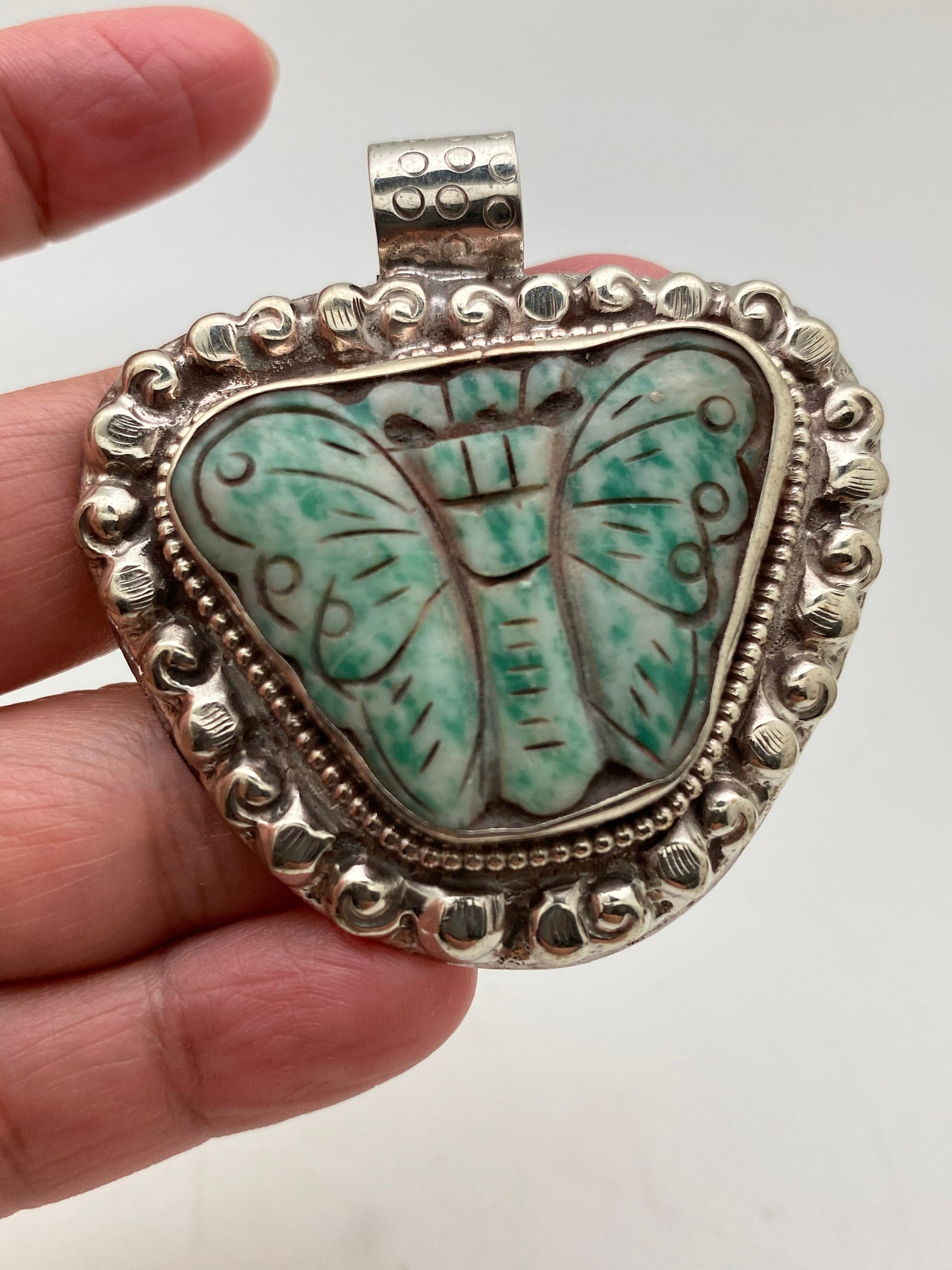 Natural jade, butterflies pendant ,tibetan silver, handcrafted,ethnic jewelry