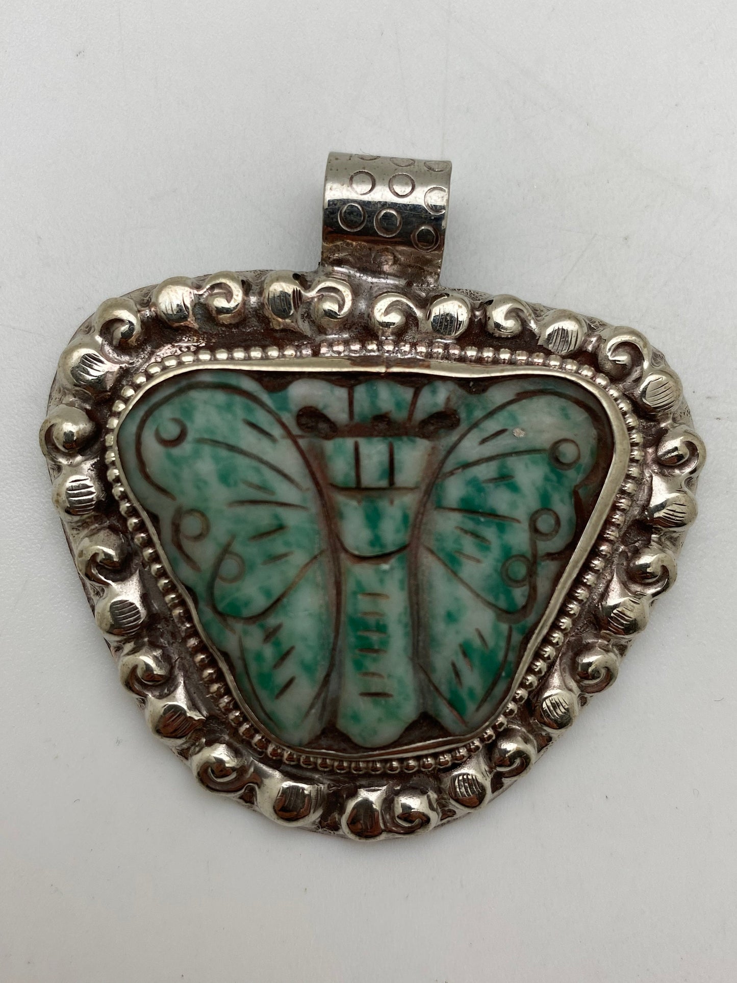 Natural jade, butterflies pendant ,tibetan silver, handcrafted,ethnic jewelry