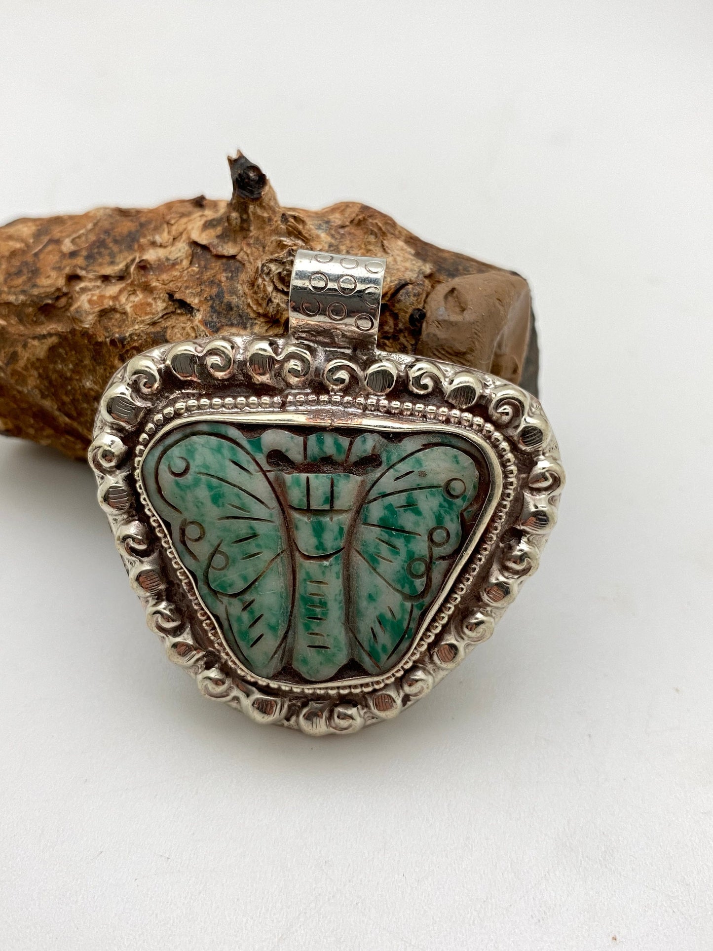 Natural jade, butterflies pendant ,tibetan silver, handcrafted,ethnic jewelry
