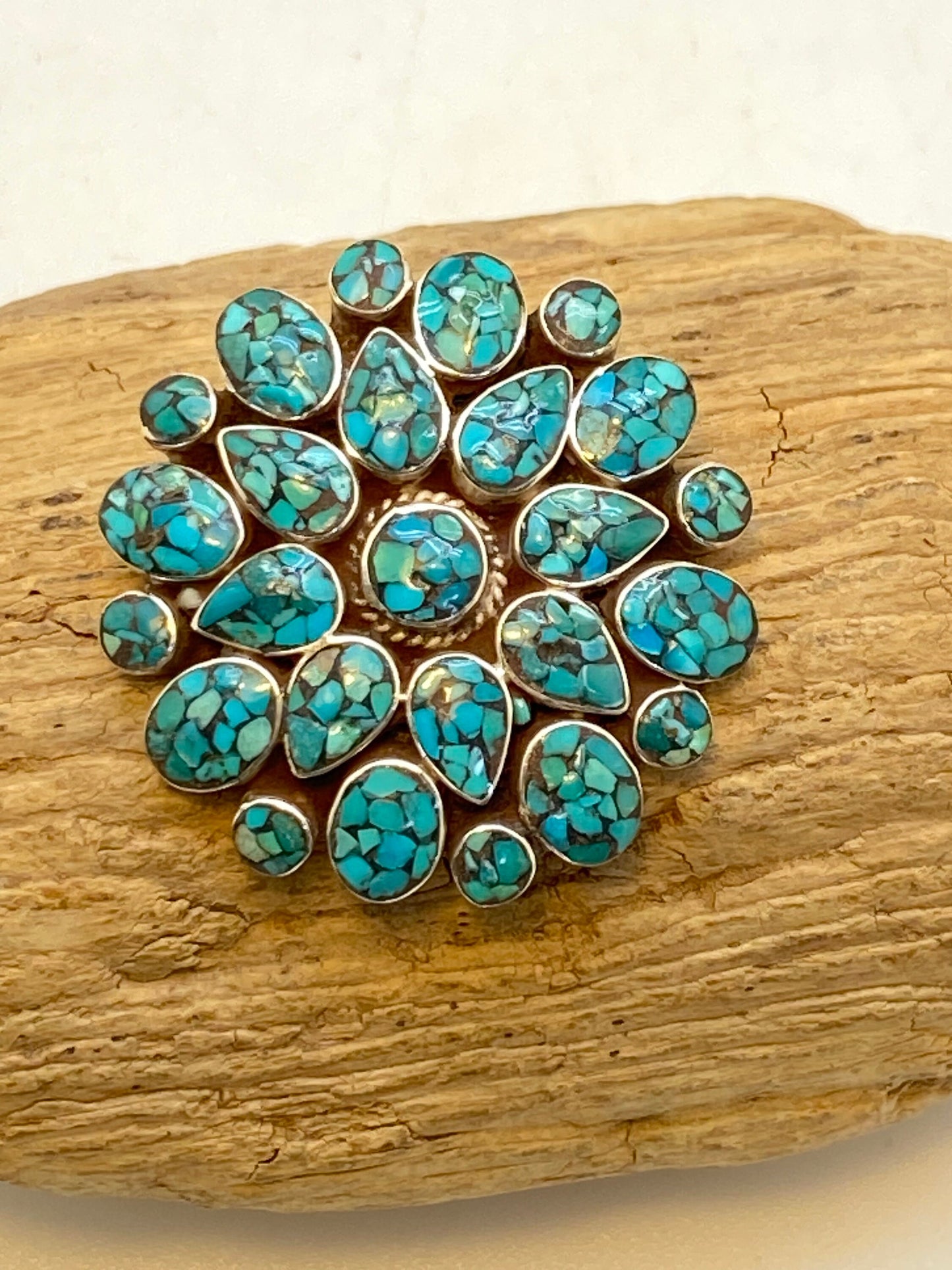 Turquoise pendant, handcrafted, sterling silver, floral design,Tibetan jewelry