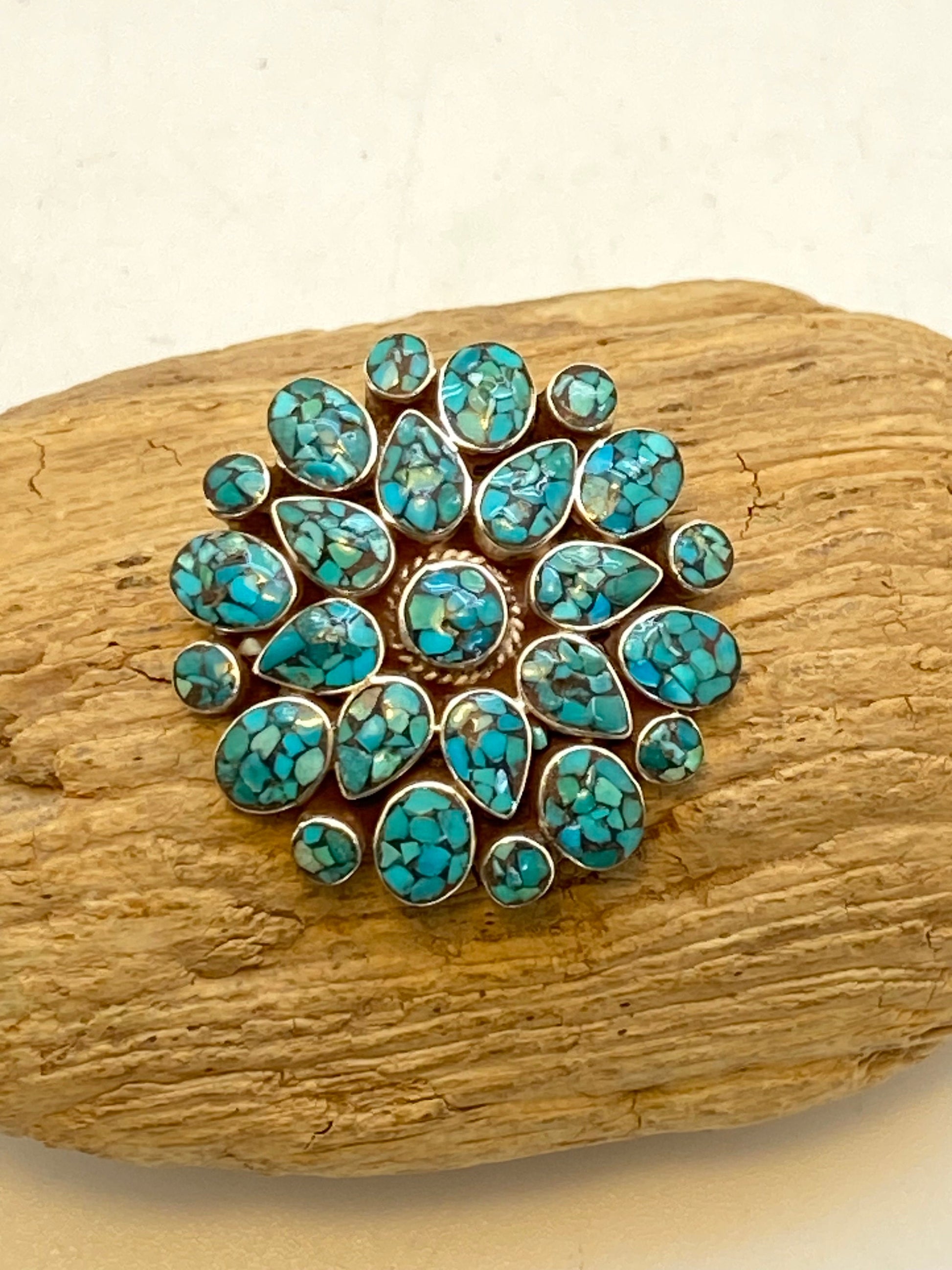 Turquoise pendant, handcrafted, sterling silver, floral design,Tibetan jewelry
