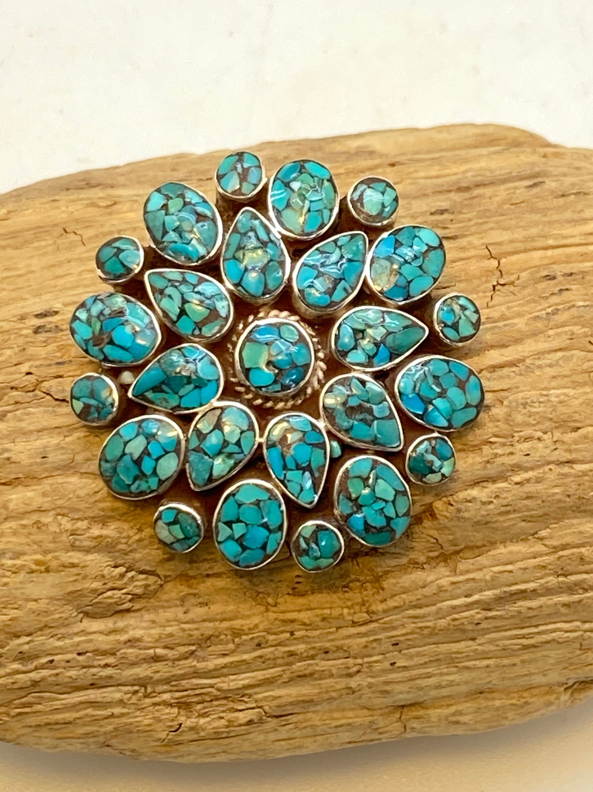 Turquoise pendant, handcrafted, sterling silver, floral design,Tibetan jewelry