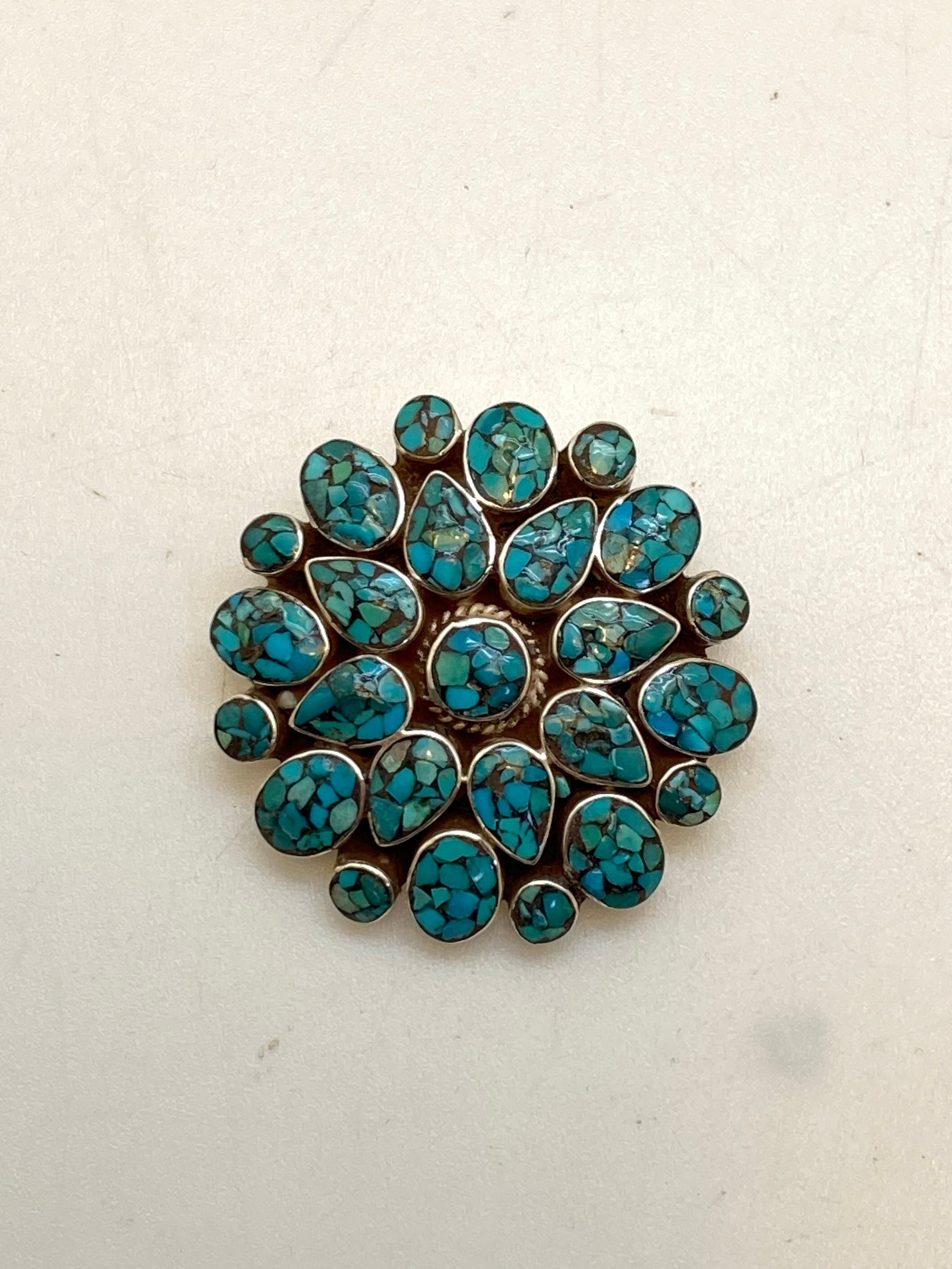 Turquoise pendant, handcrafted, sterling silver, floral design,Tibetan jewelry