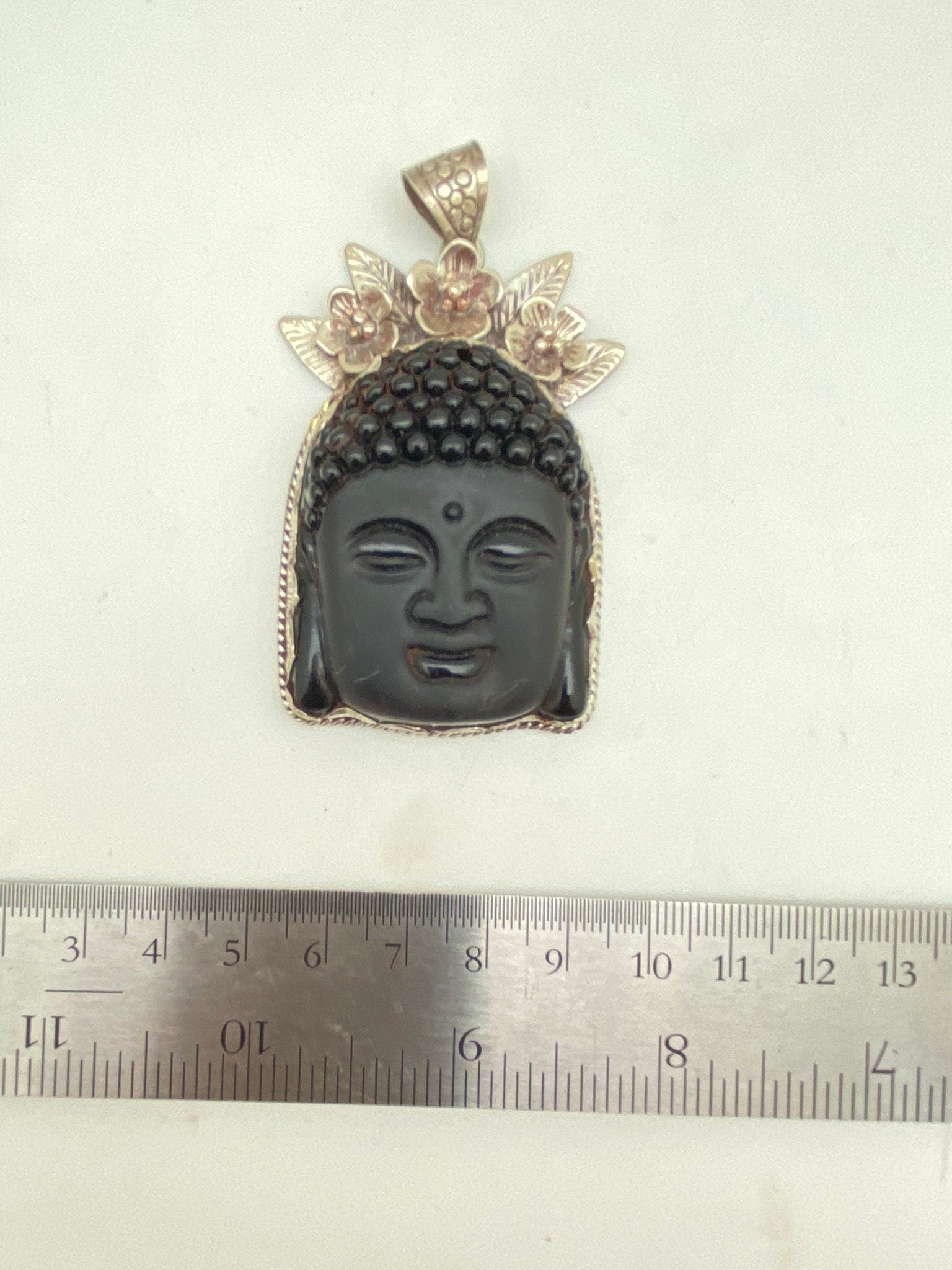 Large Buddha head, black obsidian,handcrafted,Tibetan silver, floral,Yoga,Buddhist, spiritual, amulet, meditation
