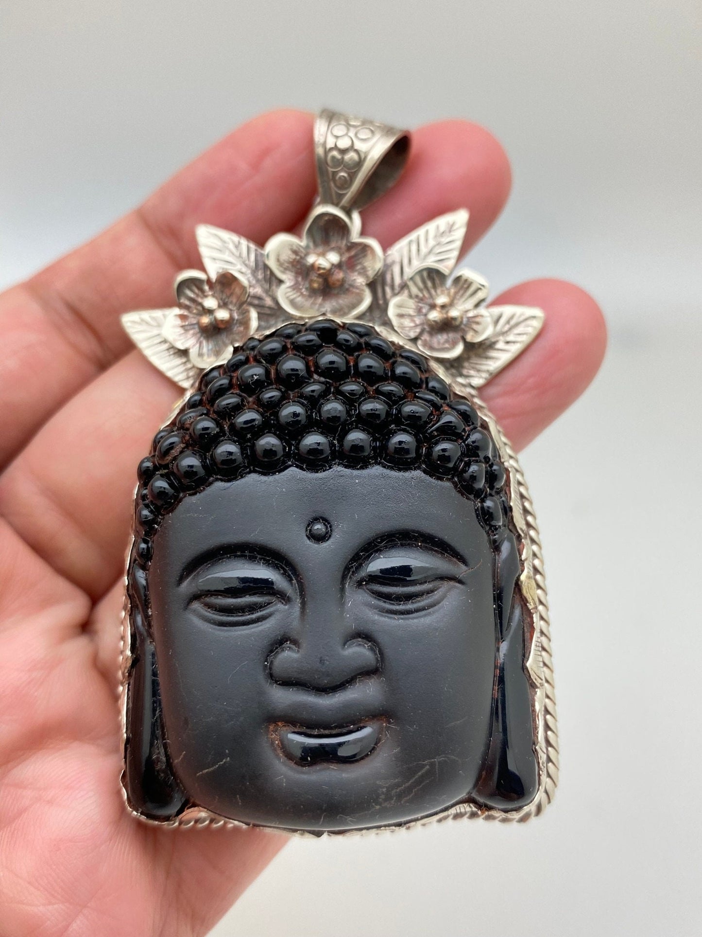 Large Buddha head, black obsidian,handcrafted,Tibetan silver, floral,Yoga,Buddhist, spiritual, amulet, meditation