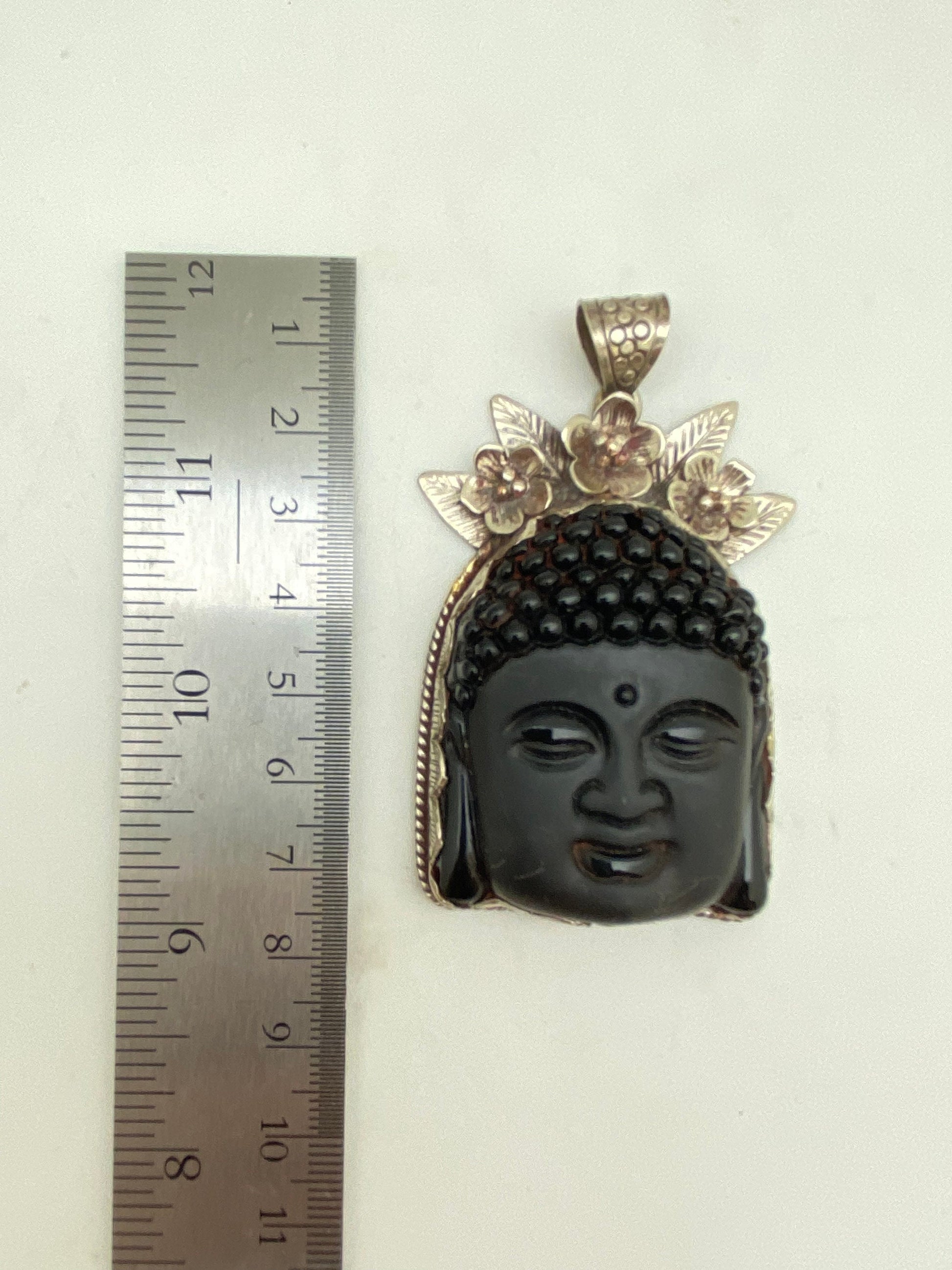 Large Buddha head, black obsidian,handcrafted,Tibetan silver, floral,Yoga,Buddhist, spiritual, amulet, meditation