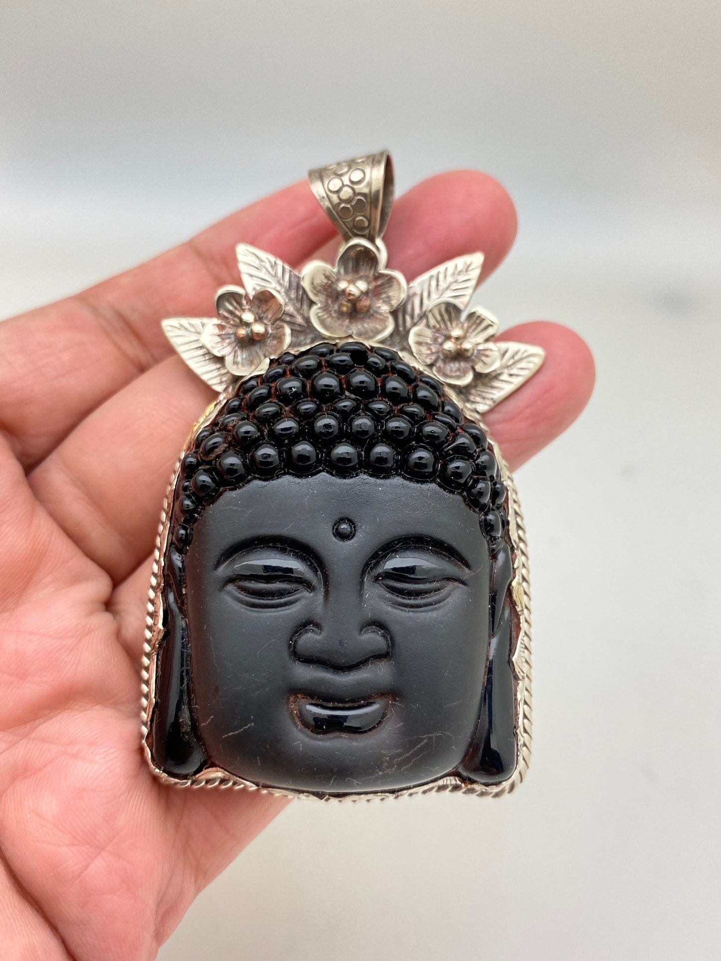Large Buddha head, black obsidian,handcrafted,Tibetan silver, floral,Yoga,Buddhist, spiritual, amulet, meditation