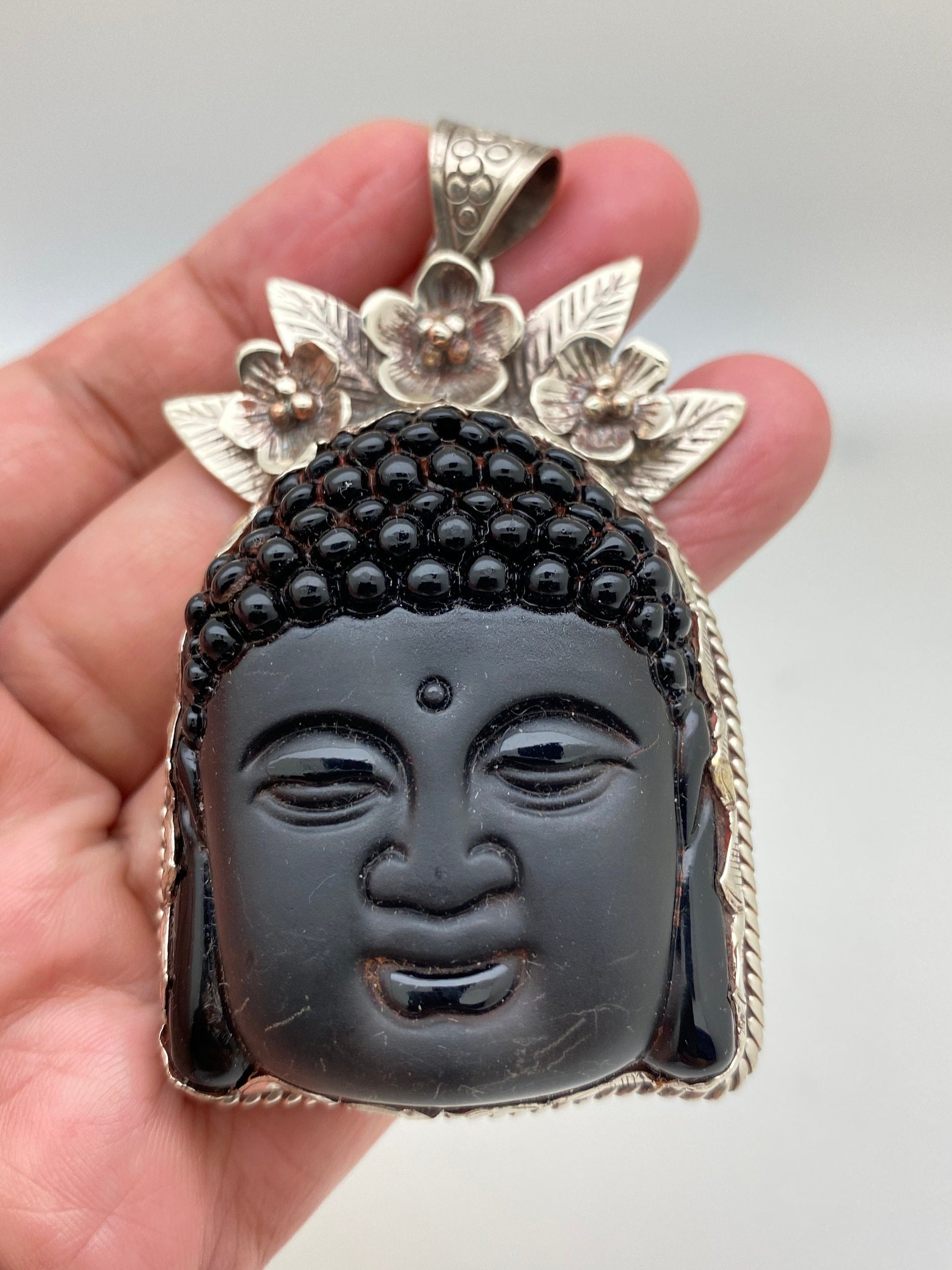 Large Buddha head, black obsidian,handcrafted,Tibetan silver, floral,Yoga,Buddhist, spiritual, amulet, meditation