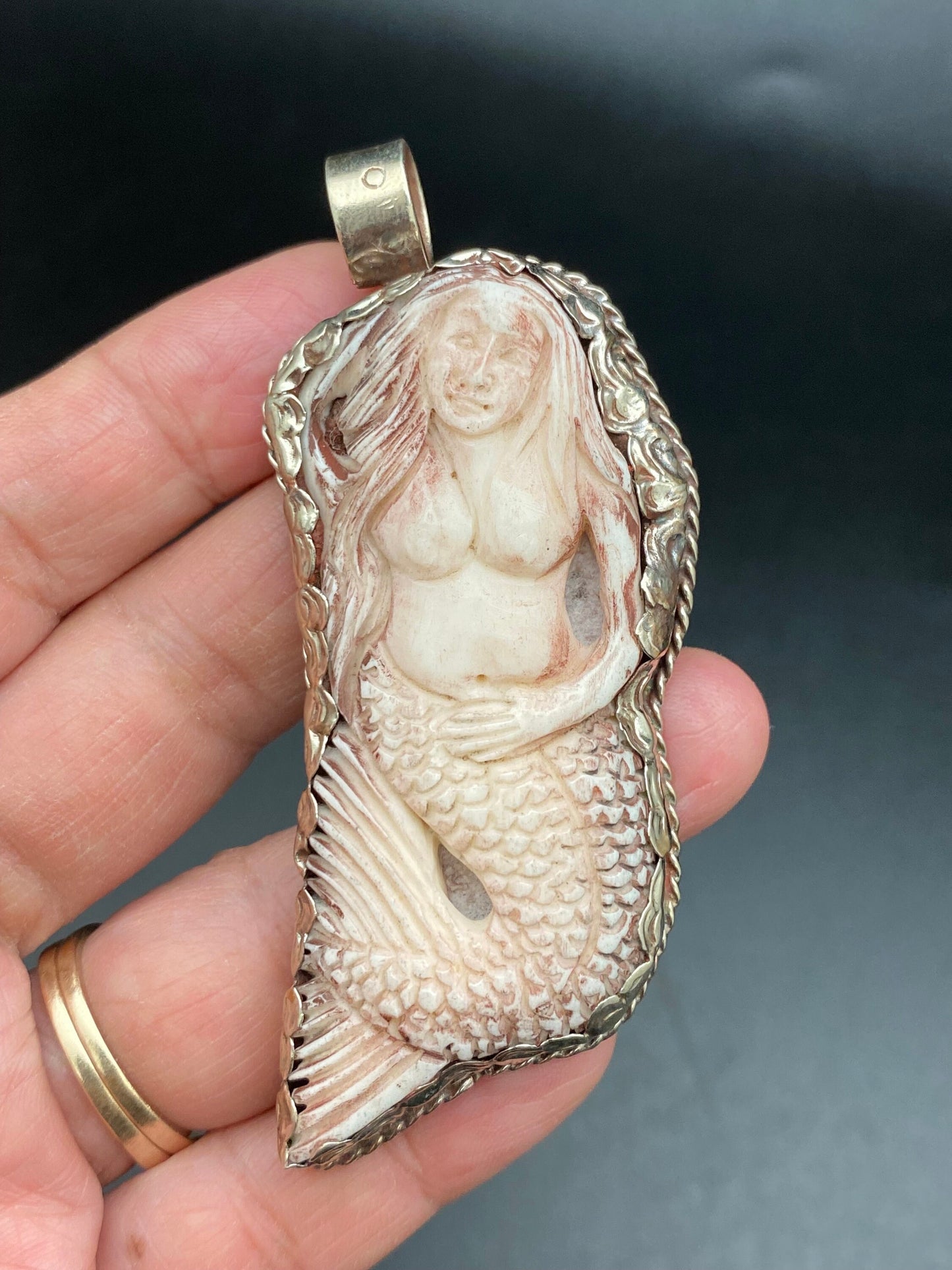 Mermaid pendant,water buffalo bone hand carved,Tibetan silver , handcrafted , Nepal