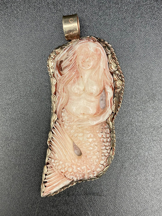 Mermaid pendant,water buffalo bone hand carved,Tibetan silver , handcrafted , Nepal