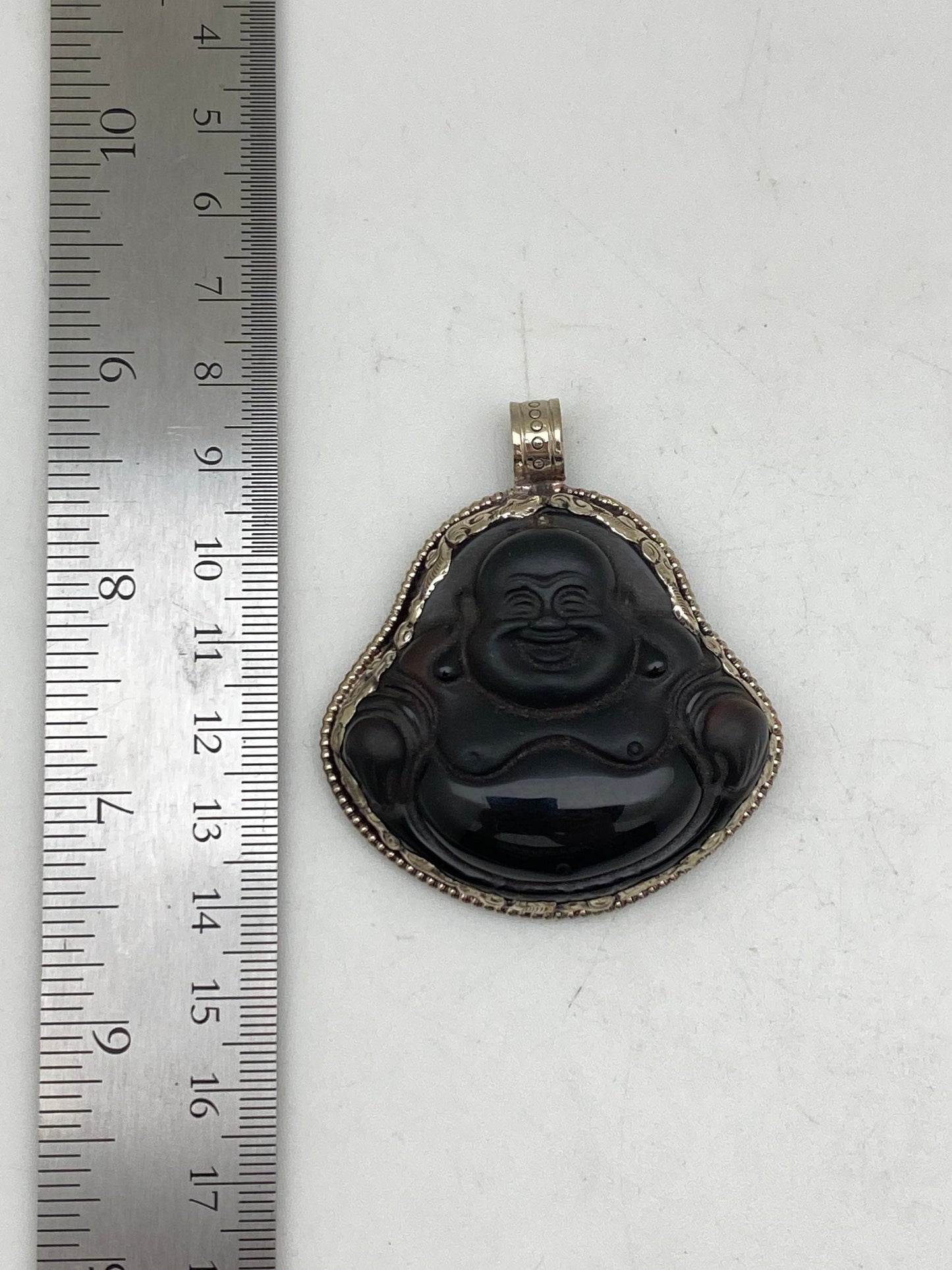 Handcarved Black Obsidian Buddha Pendant: Tibetan Silver, Himalayan