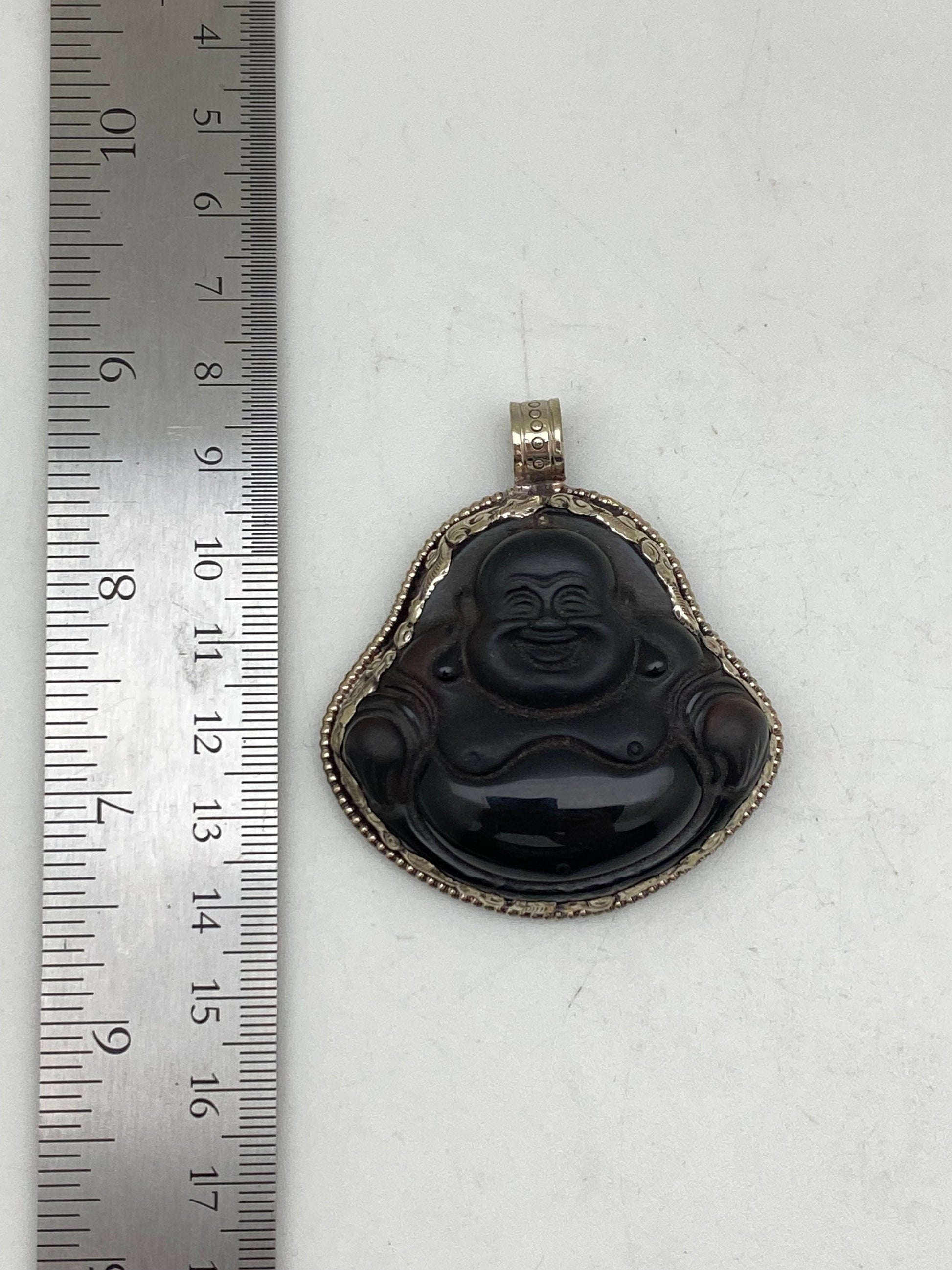 Handcarved Black Obsidian Buddha Pendant: Tibetan Silver, Himalayan