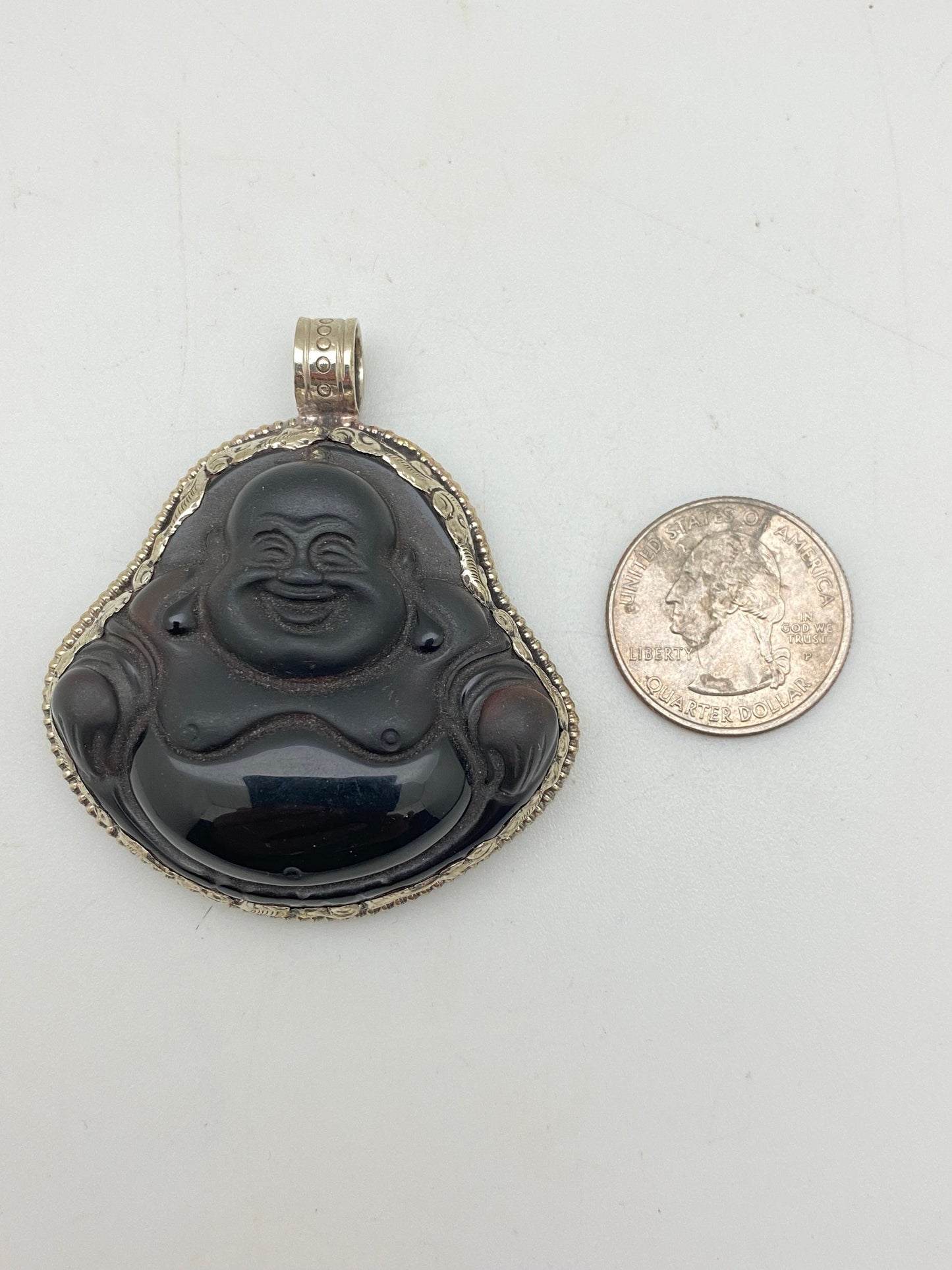 Handcarved Black Obsidian Buddha Pendant: Tibetan Silver, Himalayan
